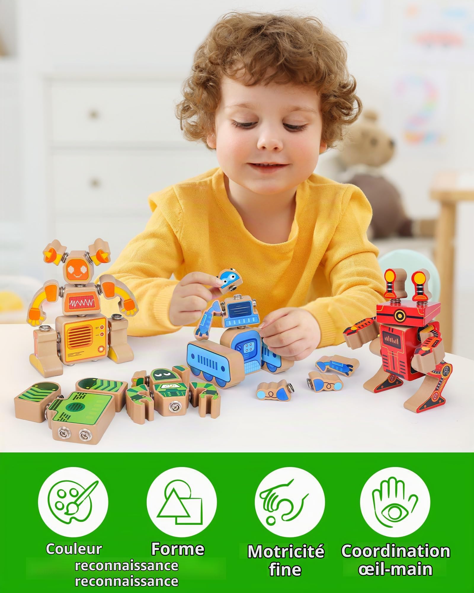 Coogam Bloc de construction robot en bois pour enfants de 3, 4, 5 ans | Robot Builders, STEM Take Apart Robot Playset, Motricité fine Jouet éducatif d'apprentissage