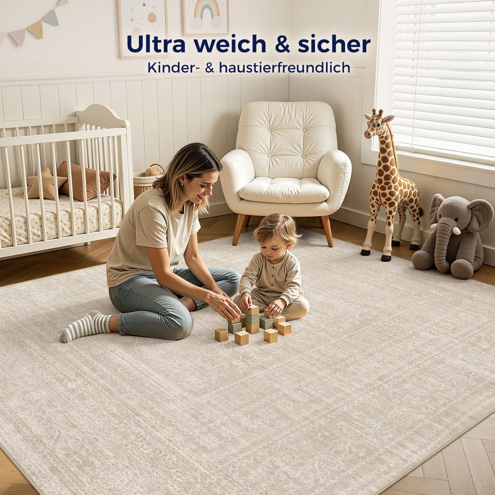 DMOYEST 160x230 Teppich Wohnzimmer Beige Vintage Waschbar | Waschbarer Kurzflor Teppiche mit Rutschfester, Weich und Dünn, für Schlafzimmer Esszimmer Büro, Kind und Haustierfreundlich