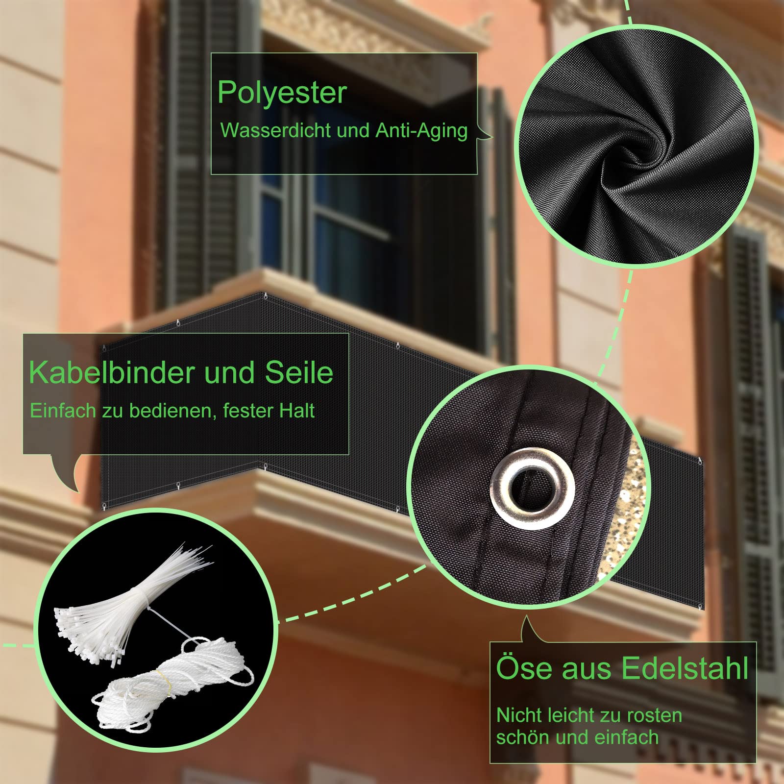 Balkon Sichtschutz 90x450cm, Wetterfest Zaun Balkonverkleidung Balkonsichtschutz, Windschutz ohne Bohren Starker Wind, für Garten & Terrasse Deko - Beige
