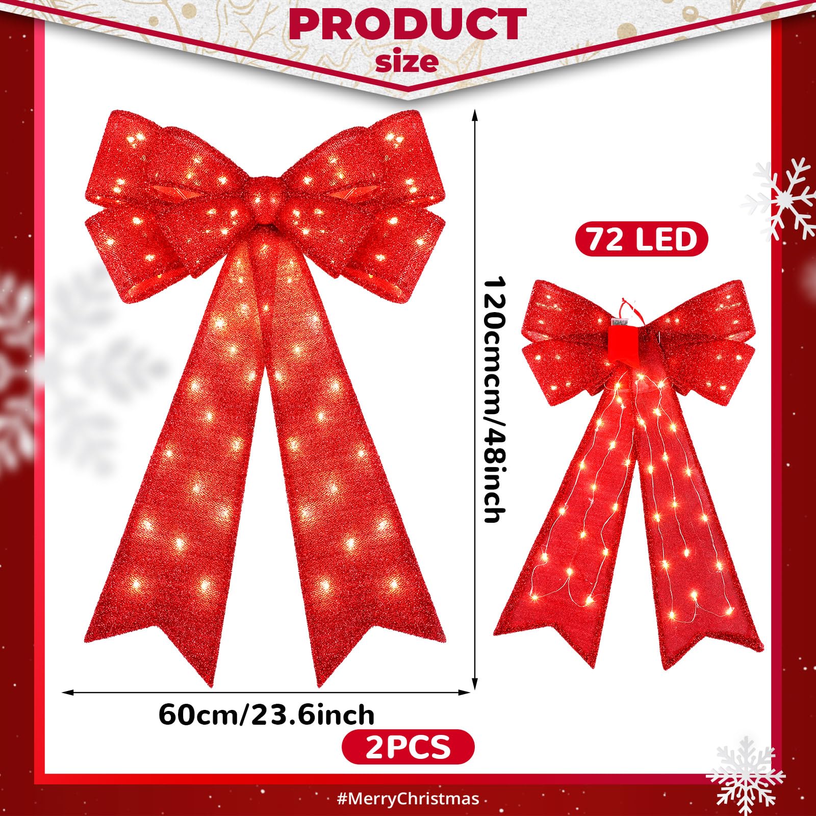 Liliful 2 Pcs 23.6 x 48 Inch LED Christmas Wreath Bows Extra Large Red Glitter Bows 72 LED Lights Wreath Huge Bow Door Wall Xmas Tree Topper Decor for Indoor Outdoor Winter Xmas Party