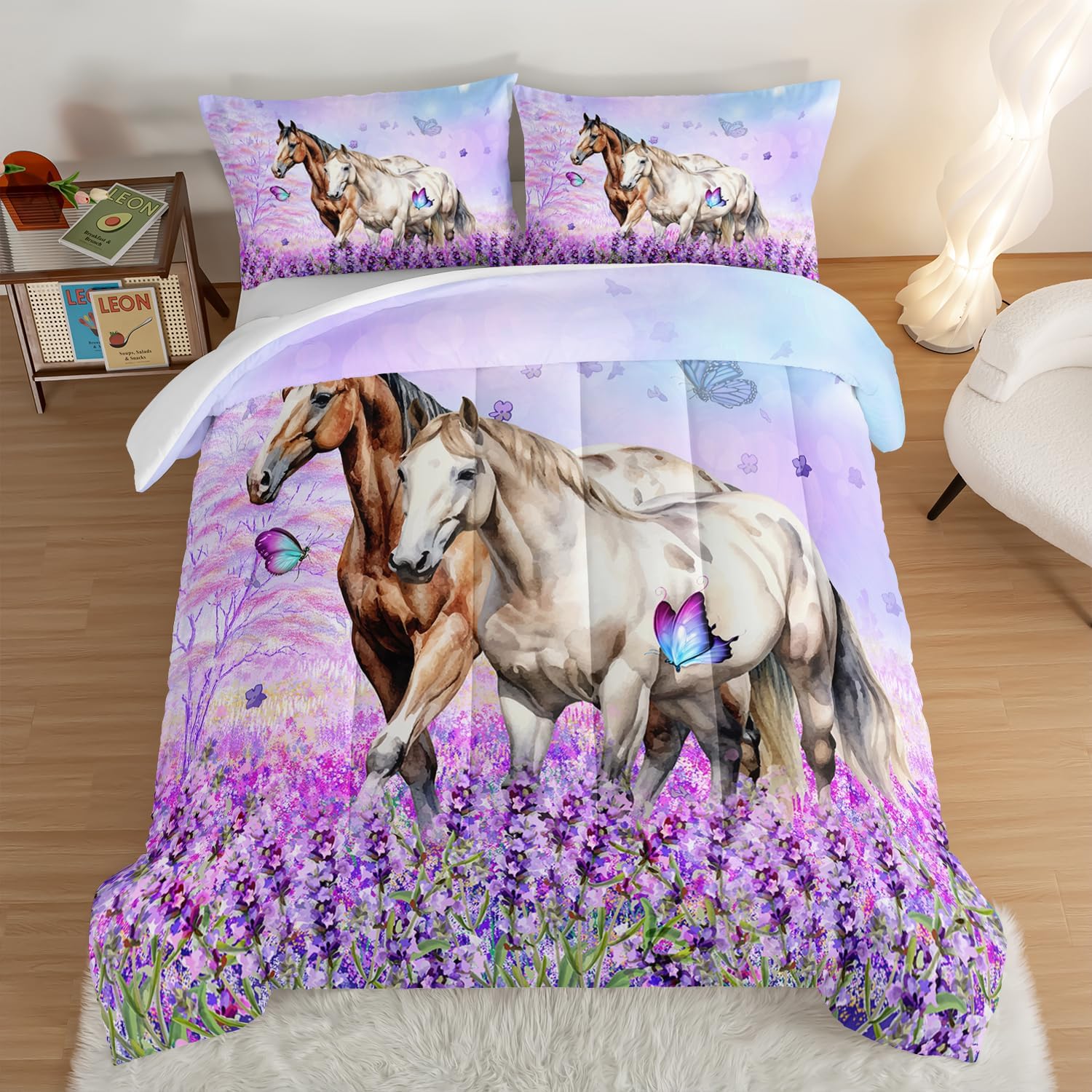 HOSIMA Farm Animal Bedding Set Horse Comforter,Butterfly Lilac Floral Comforter Tween Bedding Sets for Girls Couple Room Decor Aesthetic Chic Twin Comforter Set with 2 Pillowcases. - Image 2