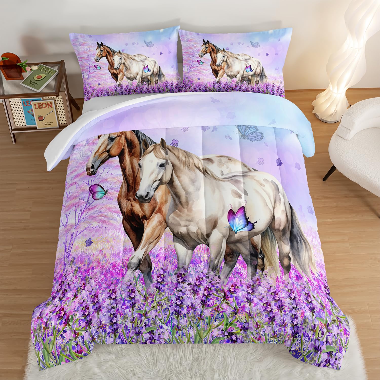 HOSIMA Farm Animal Bedding Set Horse Comforter, Butterfly Lilac Floral Tween Bedding Sets for Girls, Couple Room Decor Aesthetic Chic Full Size With 2 Pillowcases
