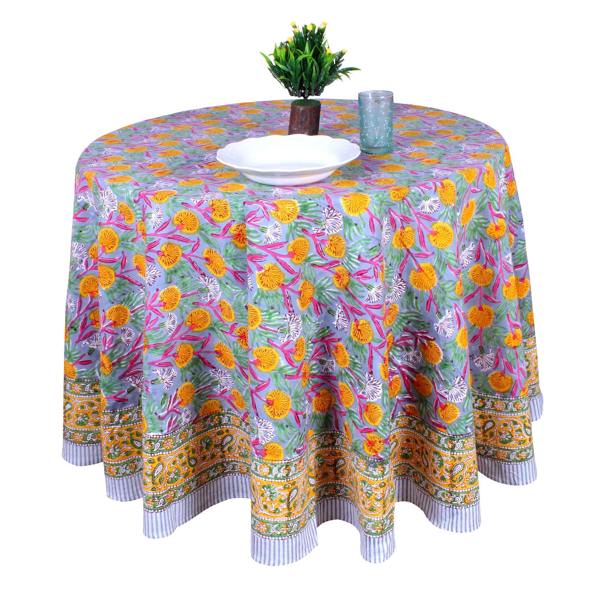 THE Unltd India Multicolour Cotton Round Tablecloth, 180cm (72") – Hand Block Print Floral Design Cotton 6-Seater Circular Table Cover for Dining – Housewarming Gift