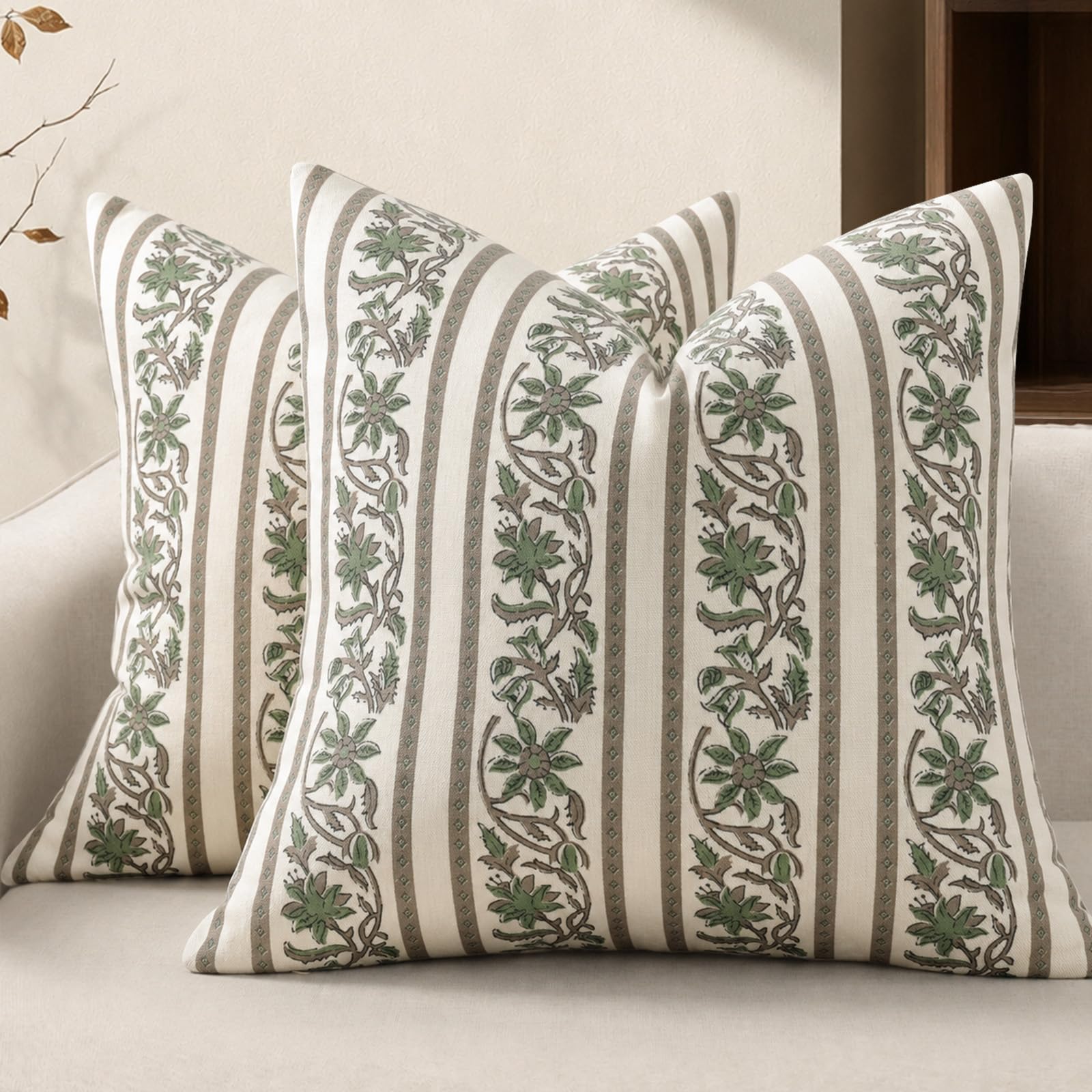 YCOLL Vintage Botanical Vine Cushion Covers 45x45 cm Set of 2 Floral Country Farmhouse Decorative Throw Pillow Covers Sofa Scatter Cushions for Living Room Bedroom Home Decor Moss Green