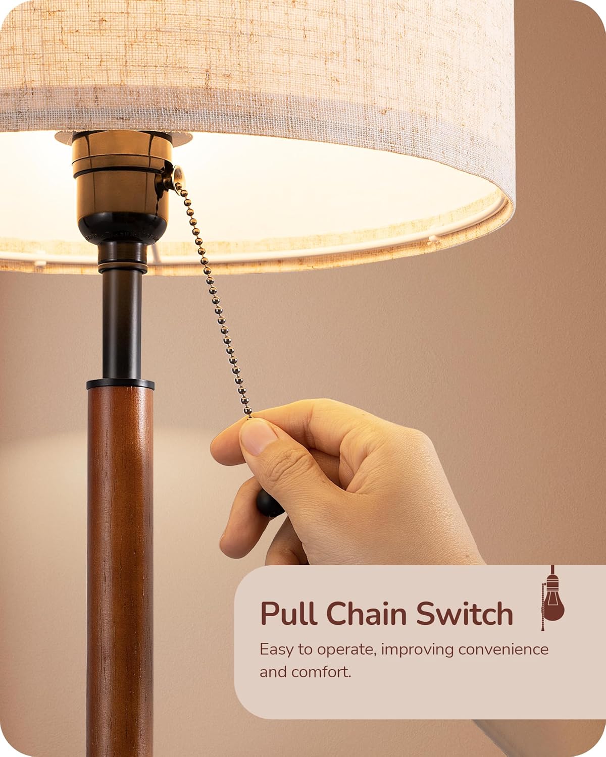 EDISHINE Mid Century Table Lamp Set of 2, Pull Chain Switch Bedside Lamp, Linen Shade, Solid Wood Pole & Black Metal Base, Modern Nightstand Lamp for Bedroom, Living Room, Office, E26 Base