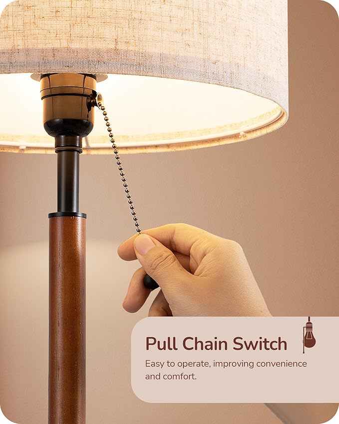 EDISHINE EDISHINE Mid Century Table Lamp Set of 2, Pull Chain Switch Bedside Lamp, Linen Shade, Solid Wood Pole & Black Metal Base, Modern Nightstand Lamp for Bedroom, Living Room, Office, E26 Base photo 5