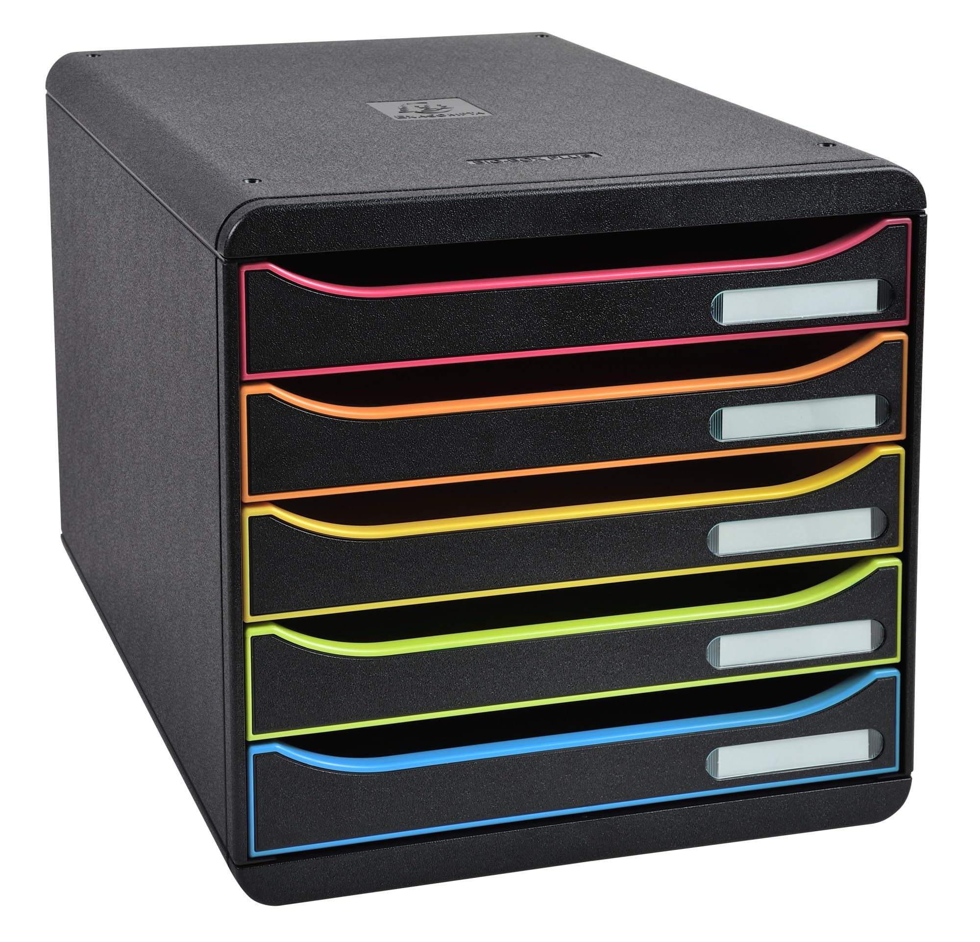 Exacompta Big Box - 5 Drawer Desktop Organizer - 100% Recycled Materials - Fits Letter and A4+ Size Paper - Black w/Multicolored Accents - Dimensions 13 5/8 x 11 x 10 5/8 - Made in EuropeBlue Angel