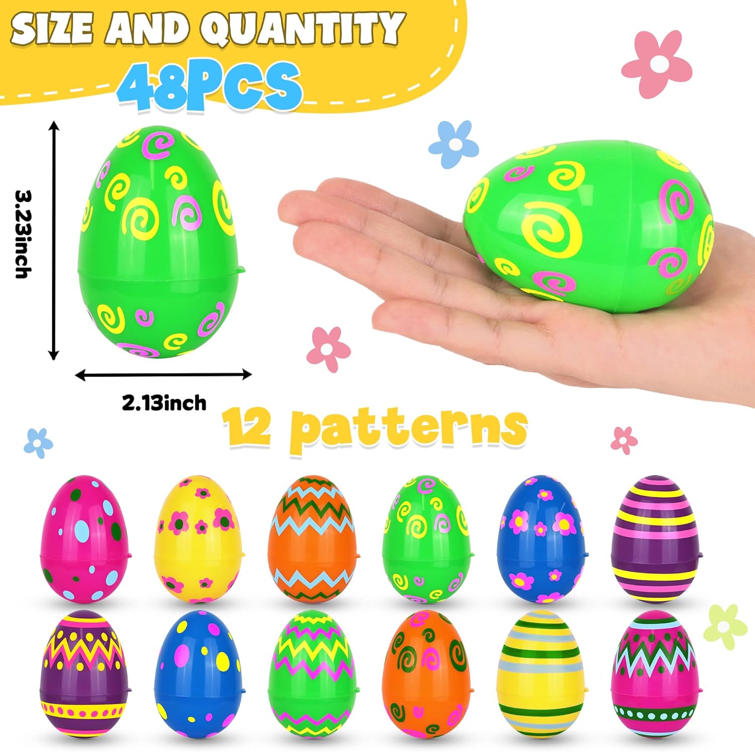 48 Pack Plastic Printed Easter Eggs, 3.15'' Tall Fillable Empty Eggs Bulks for Easter Eggs Hunt, Easter Basket Stuffers Fillers, Classroom Prize Supplies, Filling Treats and Party Favors