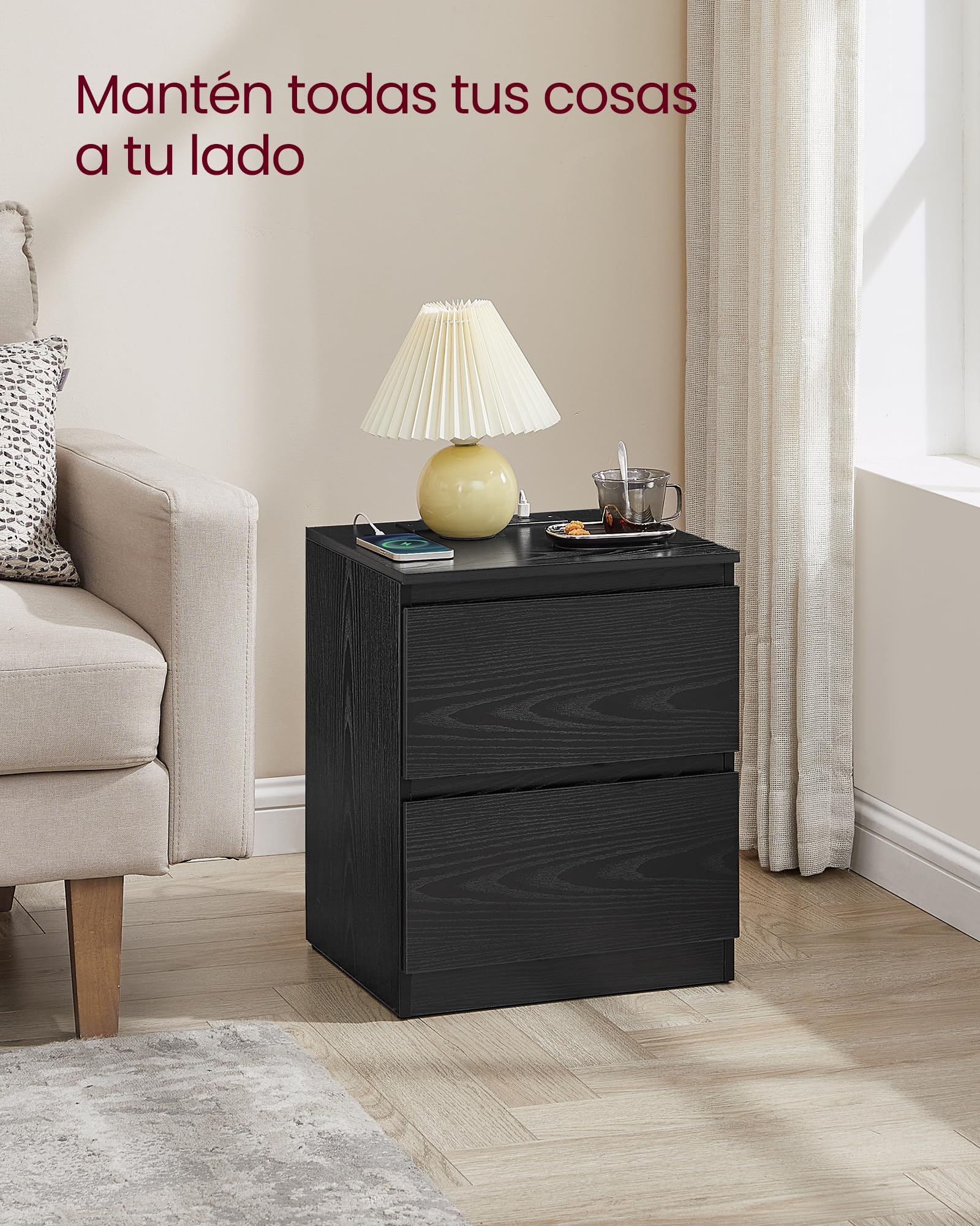 VASAGLE KAILYN Colección - Juego de 2, Mesita de Noche con Regleta de Enchufes, Mesa Auxiliar, 2 Cajones, 2 Tomas AC, 2 Puertos USB-A, Salón, Dormitorio, Negro Ébano LET821B02