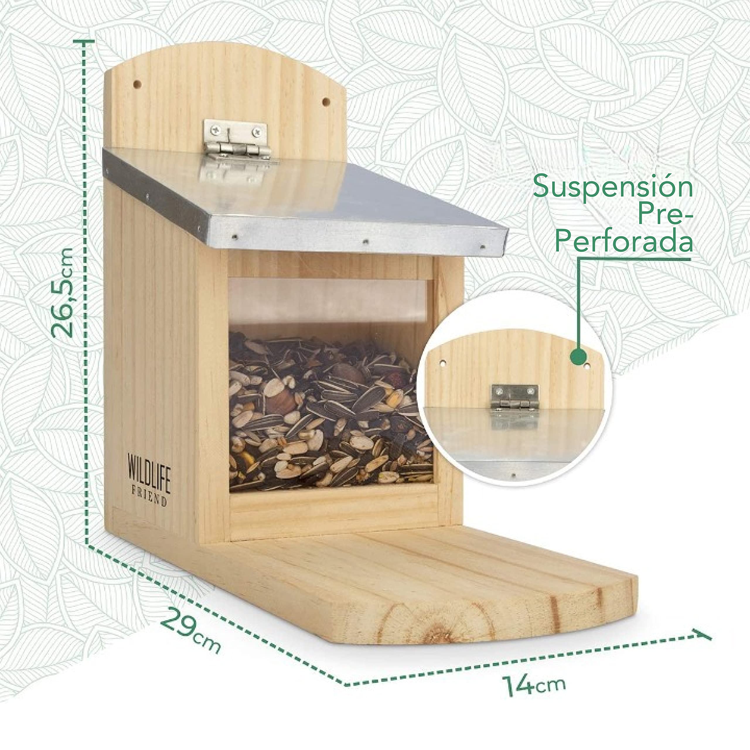 WILDLIFE FRIEND Comedero para Ardillas XXL - para llenar con Comida para Ardillas - Resistente a la Intemperie - Hecho de Madera Maciza, Techo de Metal y Ventana de plástico - 26x14x29cm