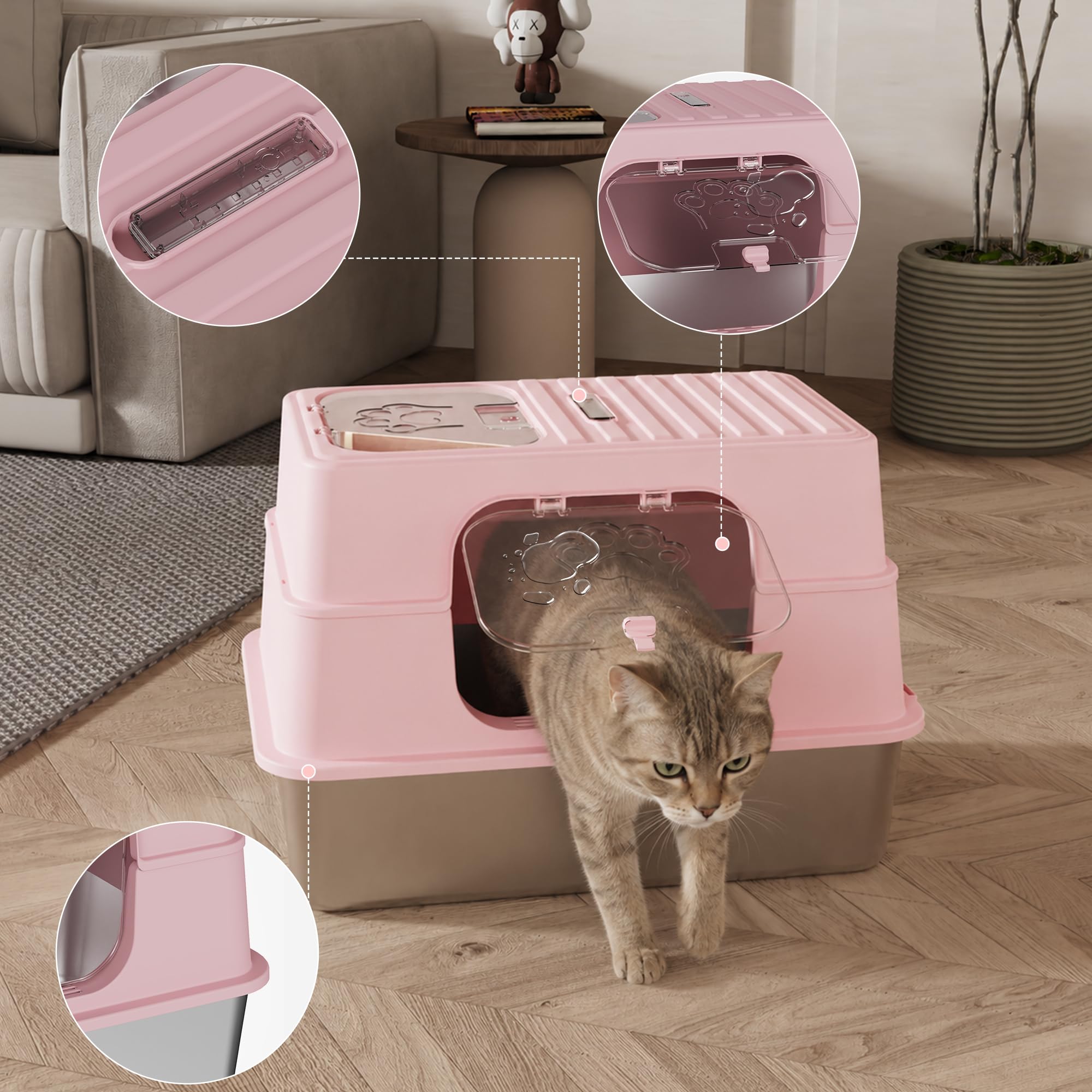 XL Katzentoilette Edelstahl mit Deckel, 2 in 1 Katzenklo Offen oder Geschlossen, Große Katzentoilette mit Hohem Rand, Doppeltür Design, Streuschaufel Inklusive, 61 x 41 x 40 cm-Rosa