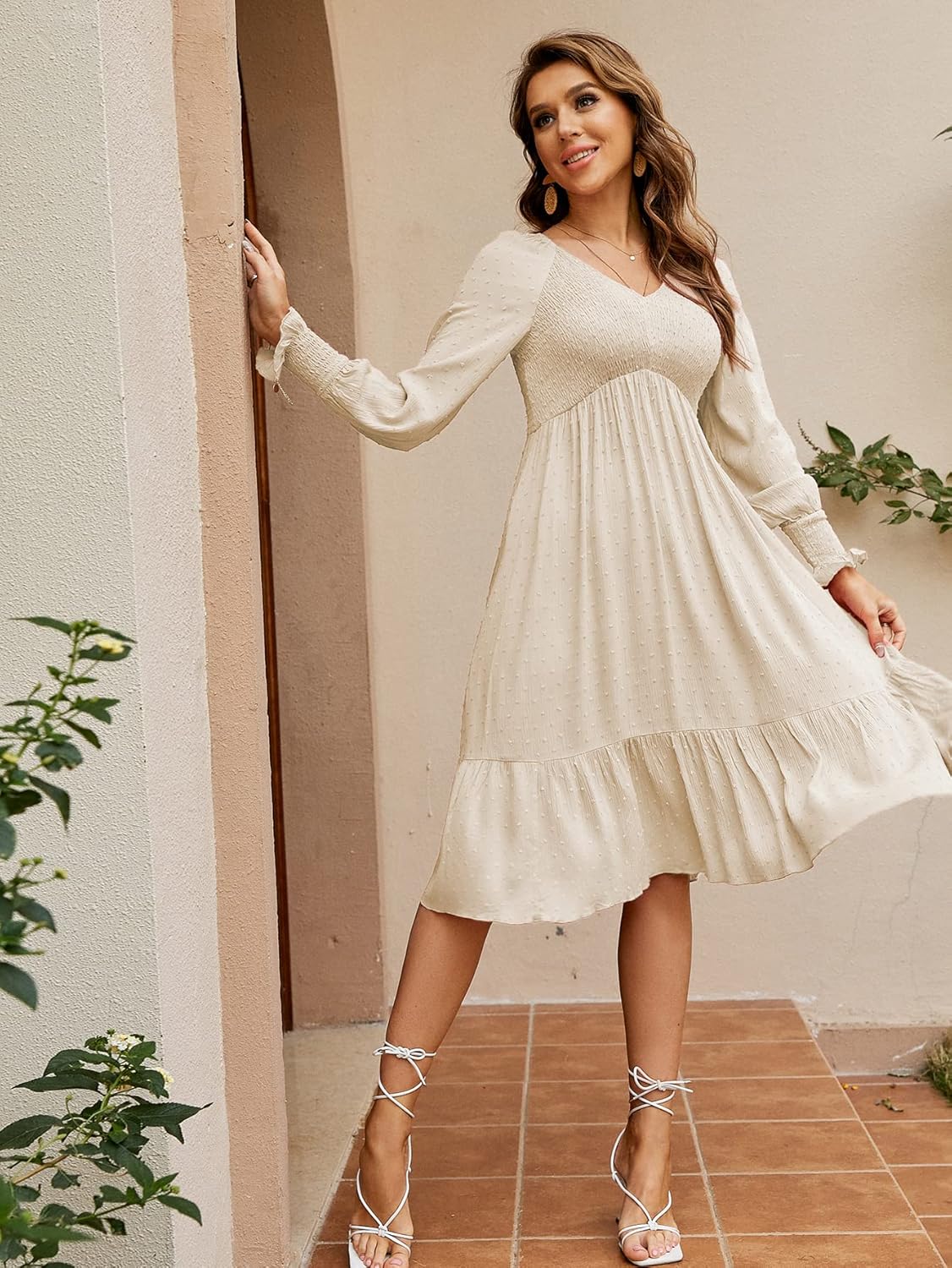 Amegoya Women's Boho Long Sleeve V Neck Swiss Dot Midi Dress Summer High Waist Smocked Shirred Flowy Flared Long Dress