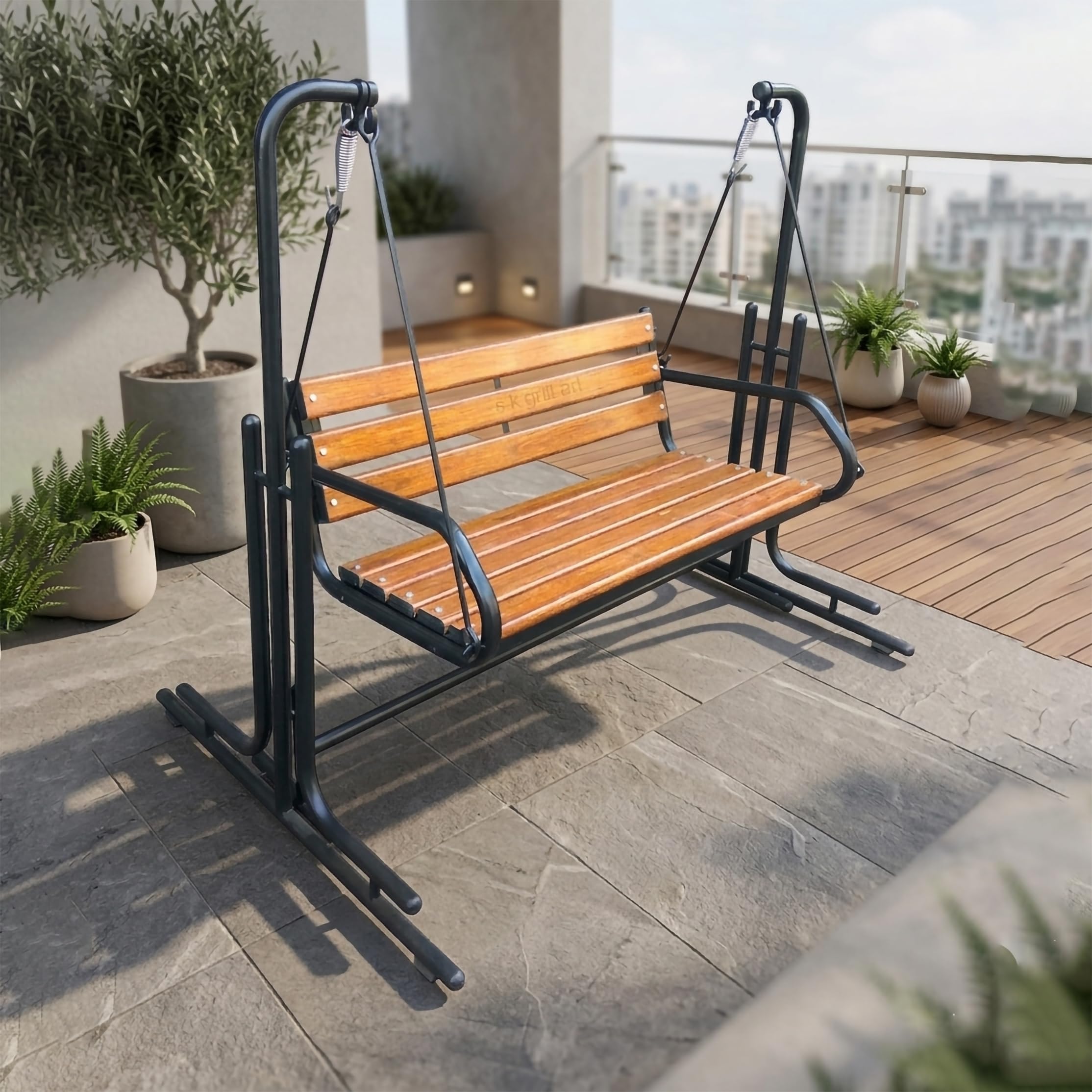 Two Seater Swing (Jhula) with Stand for Indoor/Balcony/Garden/Patio (Fibre Strip, Metal)-image-7