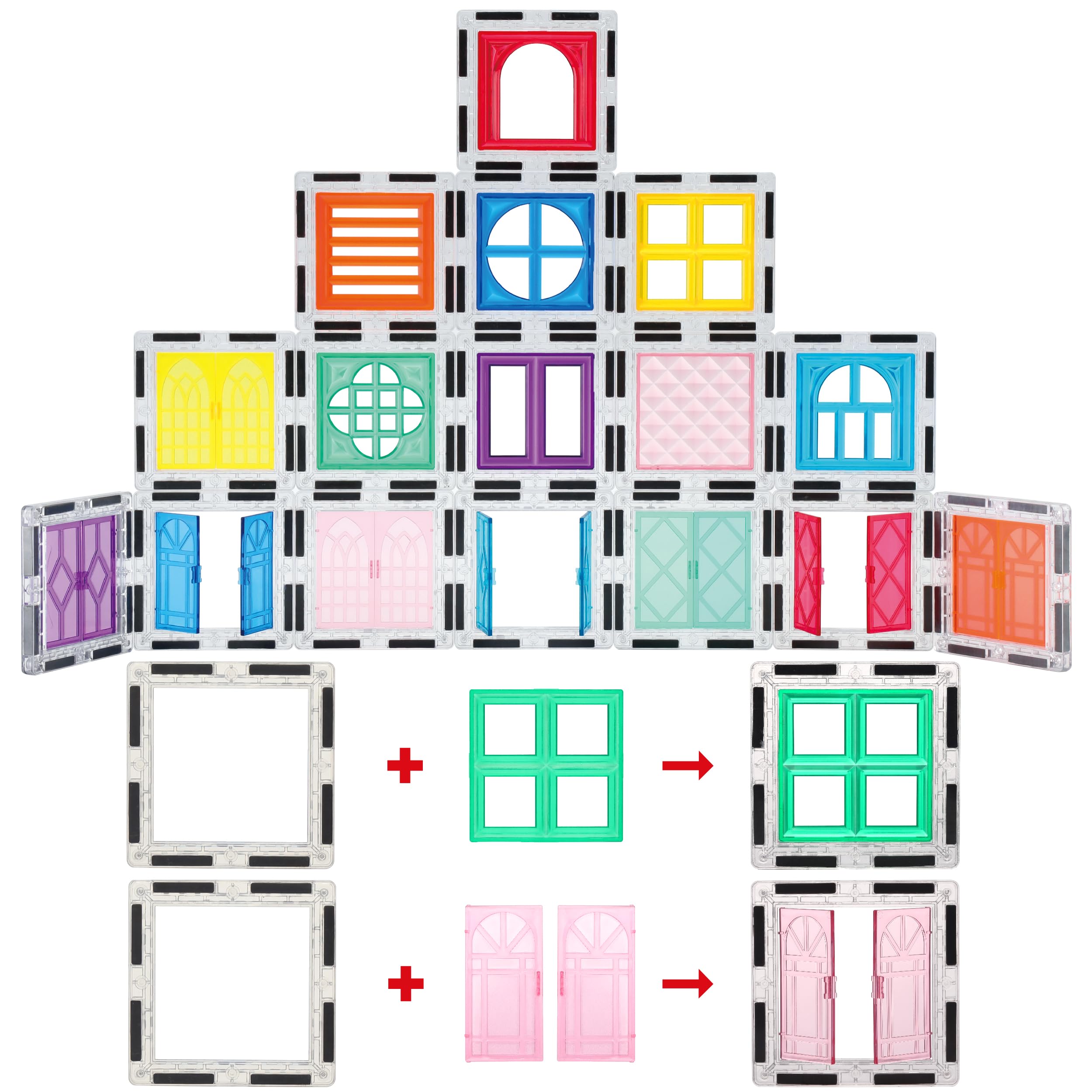 PicassoTiles 40pcs Magnetic Tiles Clip-in Window and Door Expansion Set, Magnetic Block Add-ons, Magnet Building Construction Toys, STEM Education Learning Block for Toddler Boys and Girls 3+ PTW40