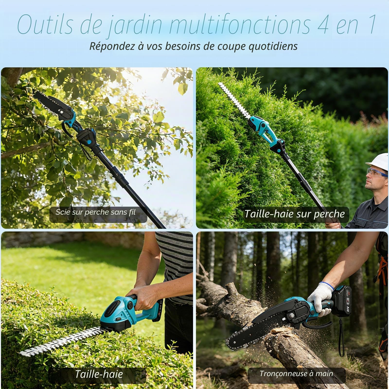 Taille Haie et Tronçonneuse Télescopique Électrique 4 en 1, 6" sans Fil avec Perche, 2 Batteries 4,0 mAh, Angle Réglable