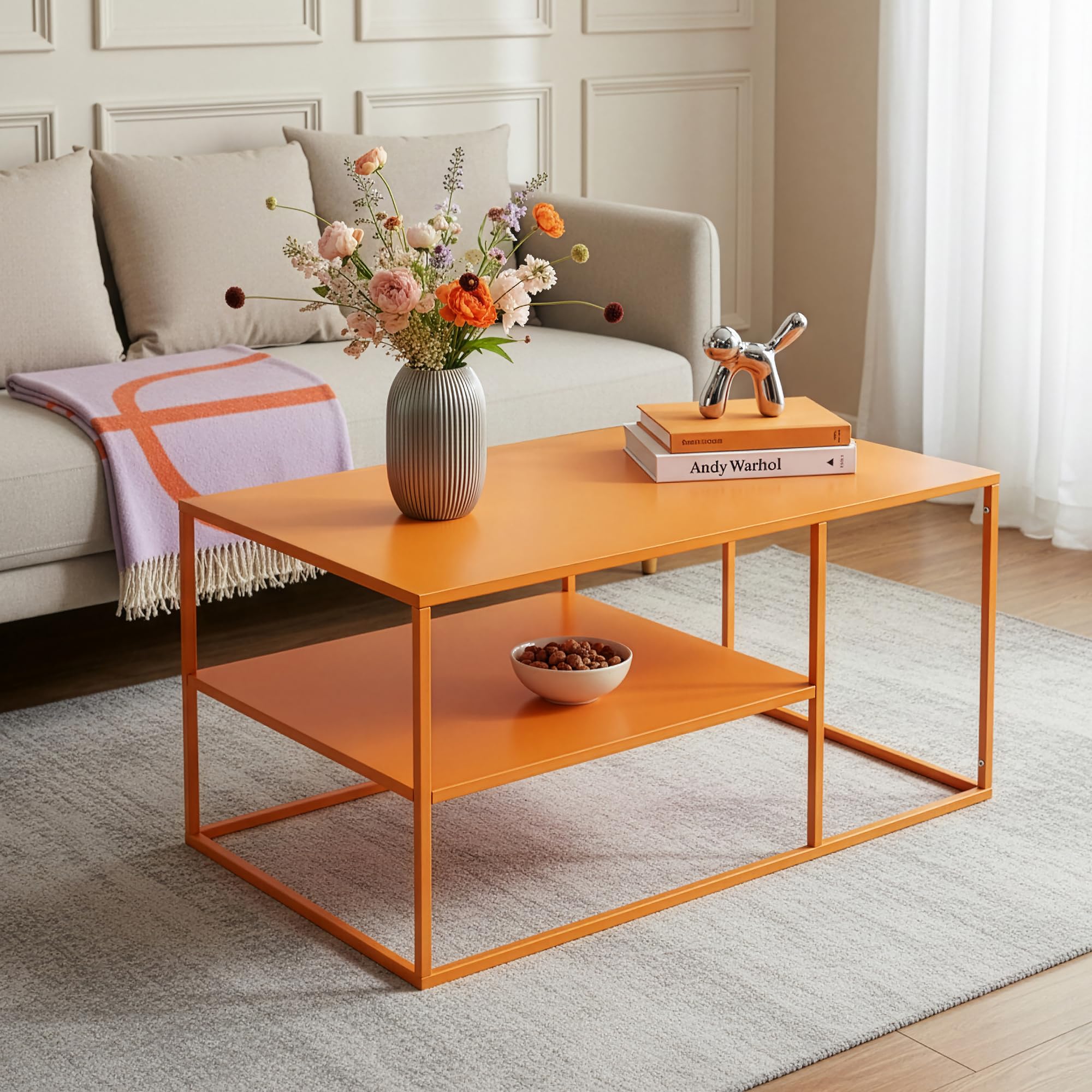 [en.casa] Couchtisch Solund Beistelltisch Metall Orange Wohnzimmertisch mit Stauraum 90 x 60 x 45 cm Sofatisch rechteckig Kaffeetisch