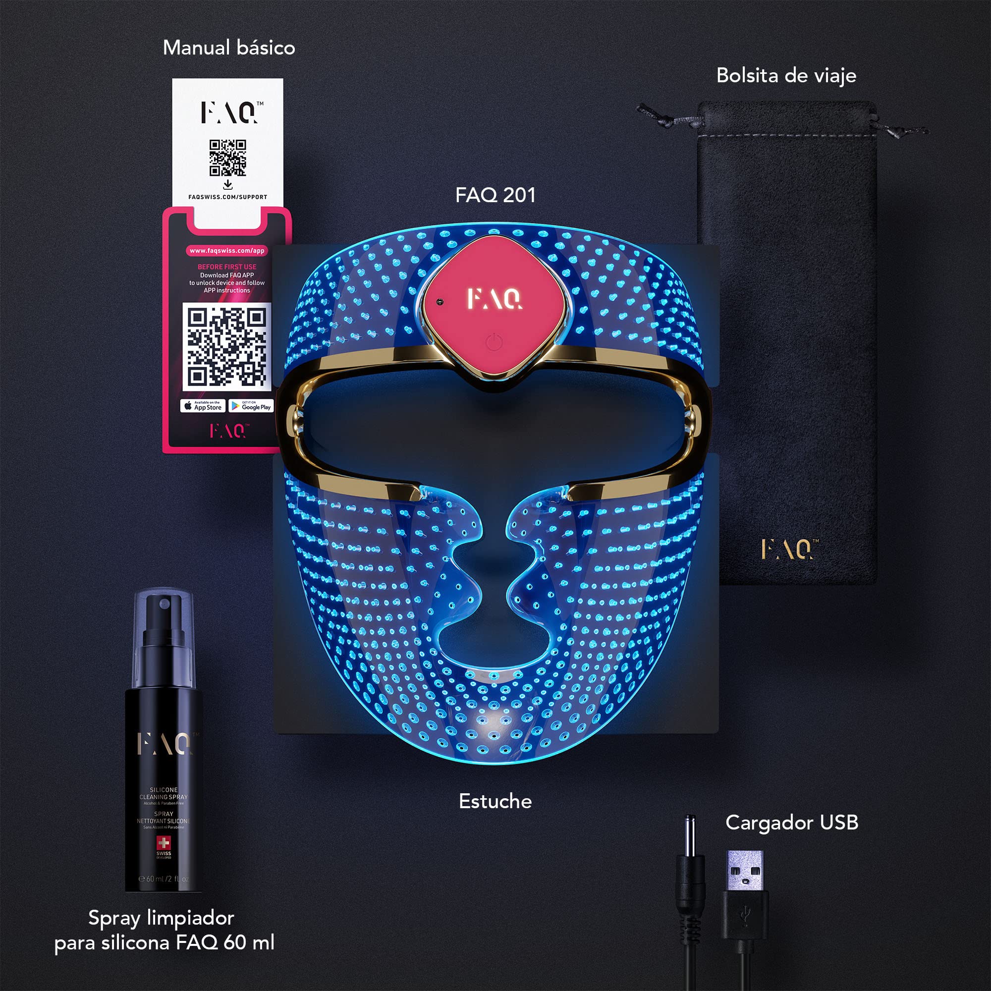 FOREO FAQ 201 Máscara de luminoterapia facial LED RGB, Antiarrugas, Belleza con tratamiento localizado, Máscara LED facial inalámbrica, 600 puntos de luz, Dispositivo de belleza portable