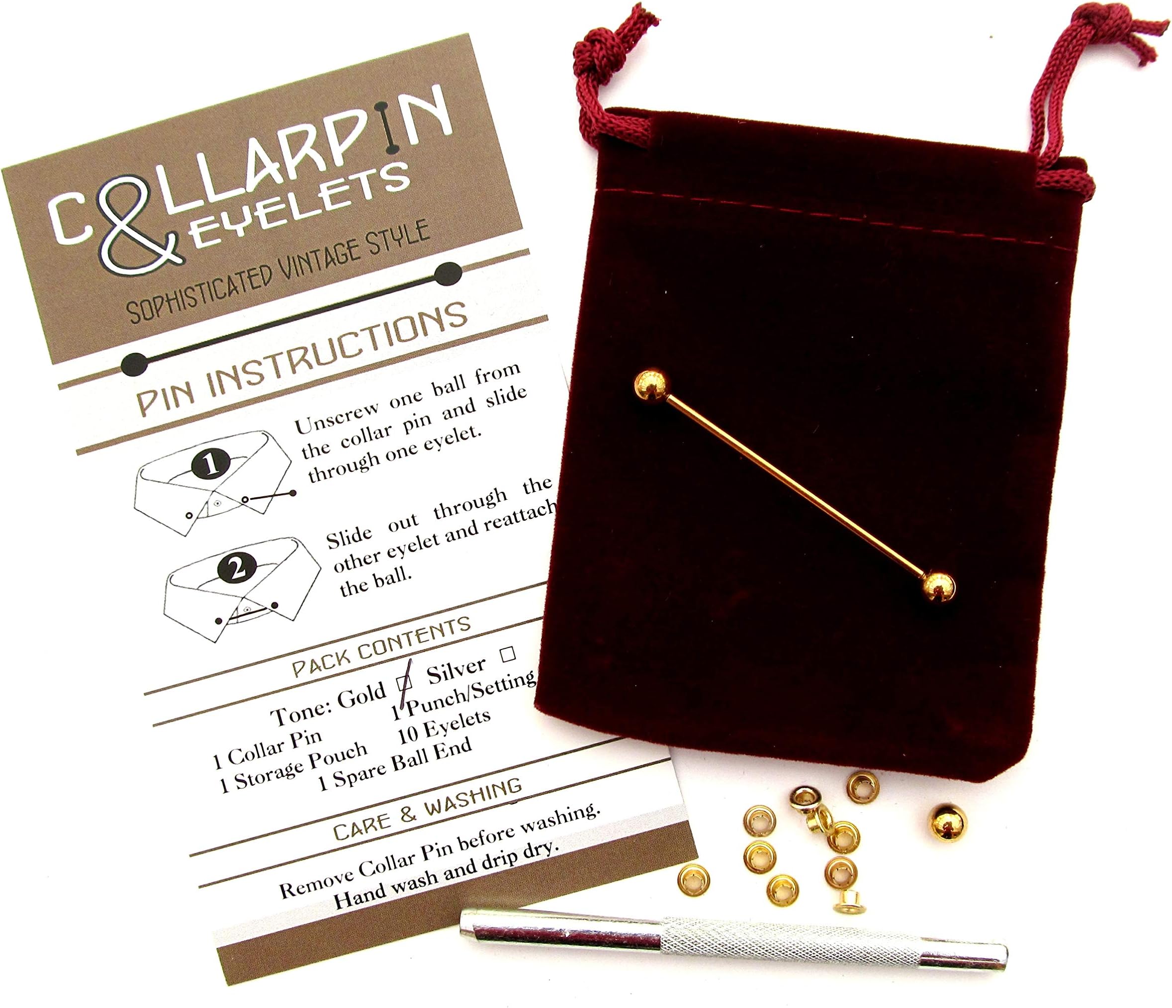 Gold Tone Collar Pin DIY Shirt Conversion Kit - Collar Bar Plus 10 Eyelets & Punch by CUK Designs
