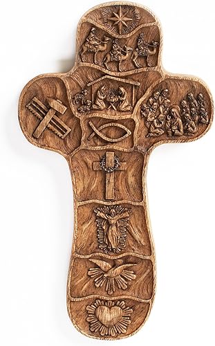 Romano grabado Cruz de pared con el Escenas de la Historia de Vida de Cristo, 20,3cm), tono de la madera