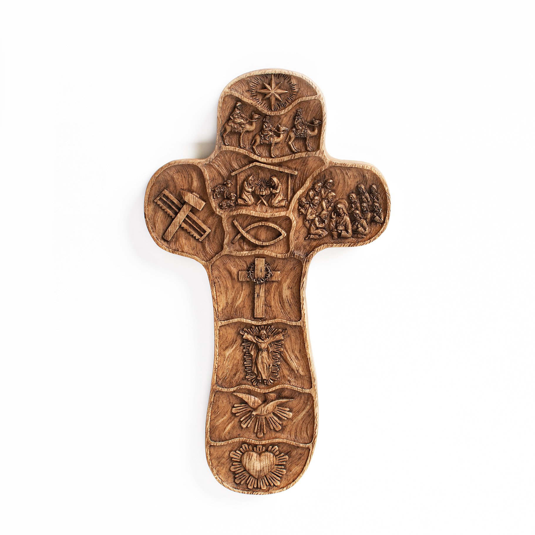 Embossed Wall Cross with The Scenes from The Life Story of Christ, 20cm , Wood Tone