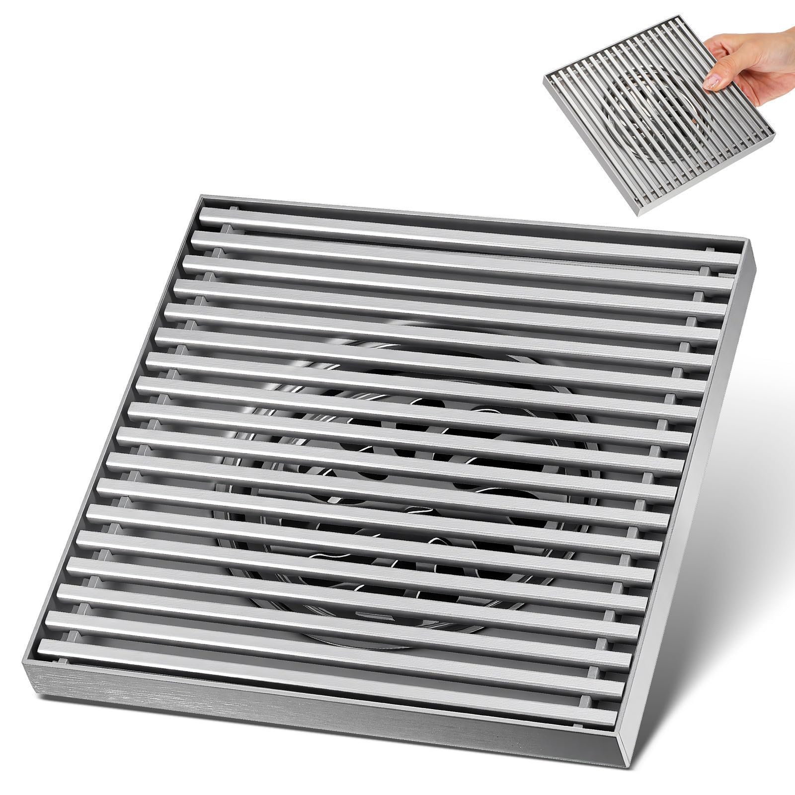 Rejilla Cuadrada de Acero Inoxidable 15 X 15 CM Cierre Antiolor y Barra Sólida para Desagüe Exterior en Jardín, Terraza y Patio, Compatible Tubos 100/110 MM