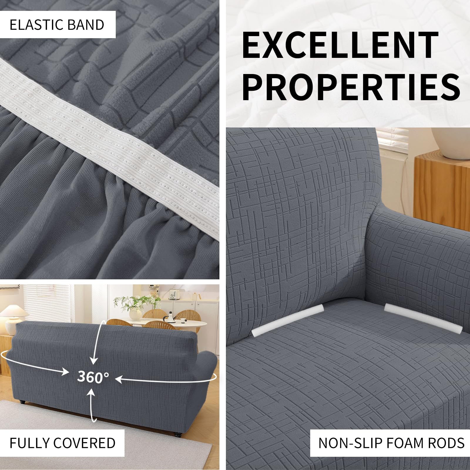 YSTELLAA Copridivano 2 Posti Con Braccioli, Universale Copri Divano Elasticizzato Lavabile, Copridivani Antimacchia Antiscivolo, Sofa Cover Antigraffio Gatto, Per Soggiorno, Grigio Chiaro