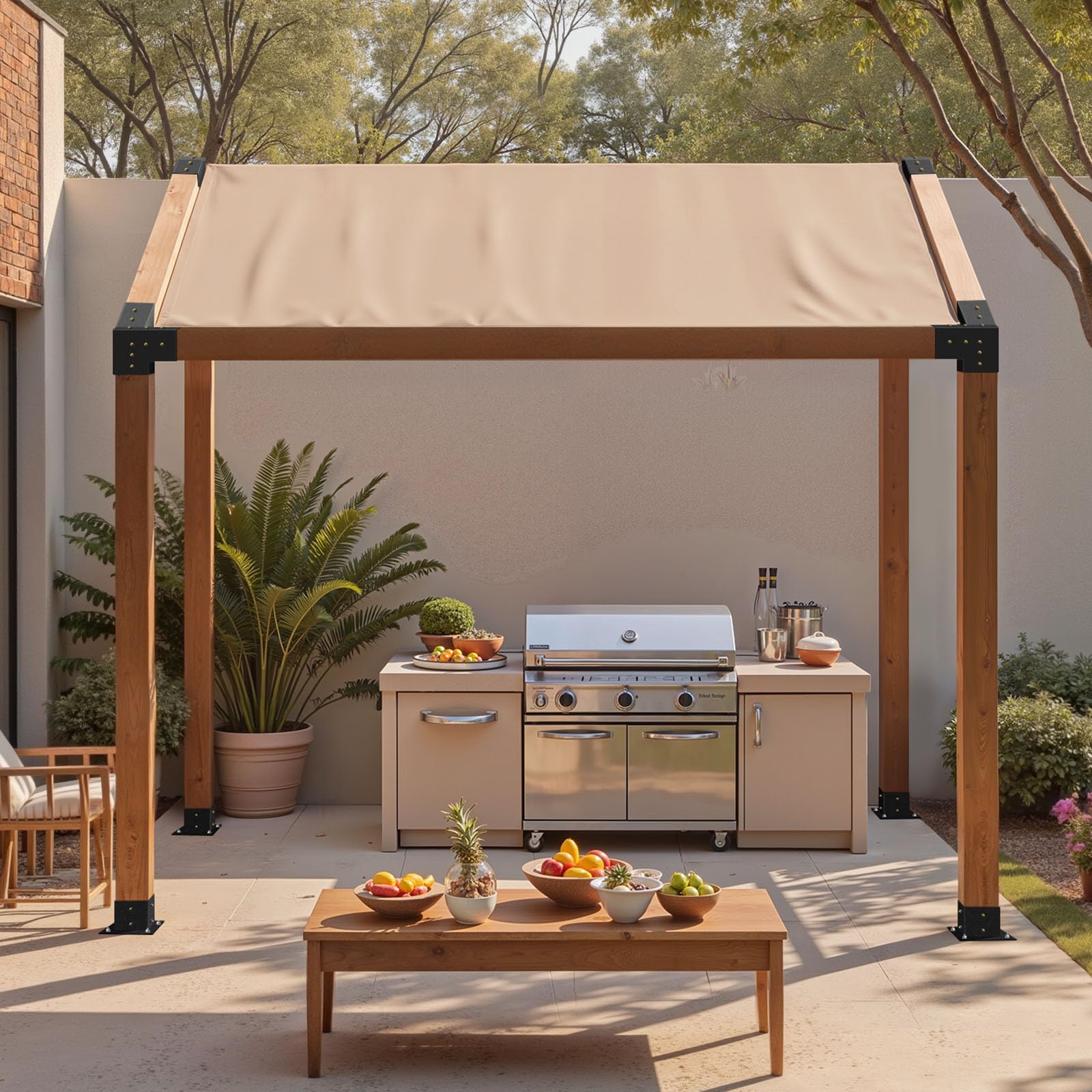 VEVOR Kit Support de Pergola, Lot de 8, Support de Poteau Bois 92x92 mm, Supports d'angle à 3 Voies, avec 4 Bases de Poteaux, pour Poutres Bois Standard à Toit Incliné, Banquet de Fête en Plein Air