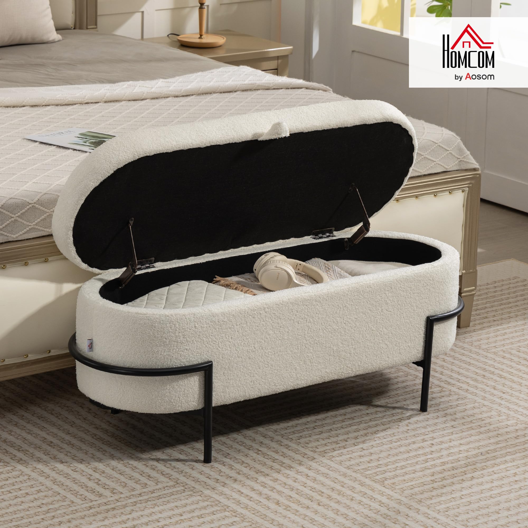 HOMCOM Banc de Rangement en Tissu Bouclette 114,5 x 40 x 48 cm Crème