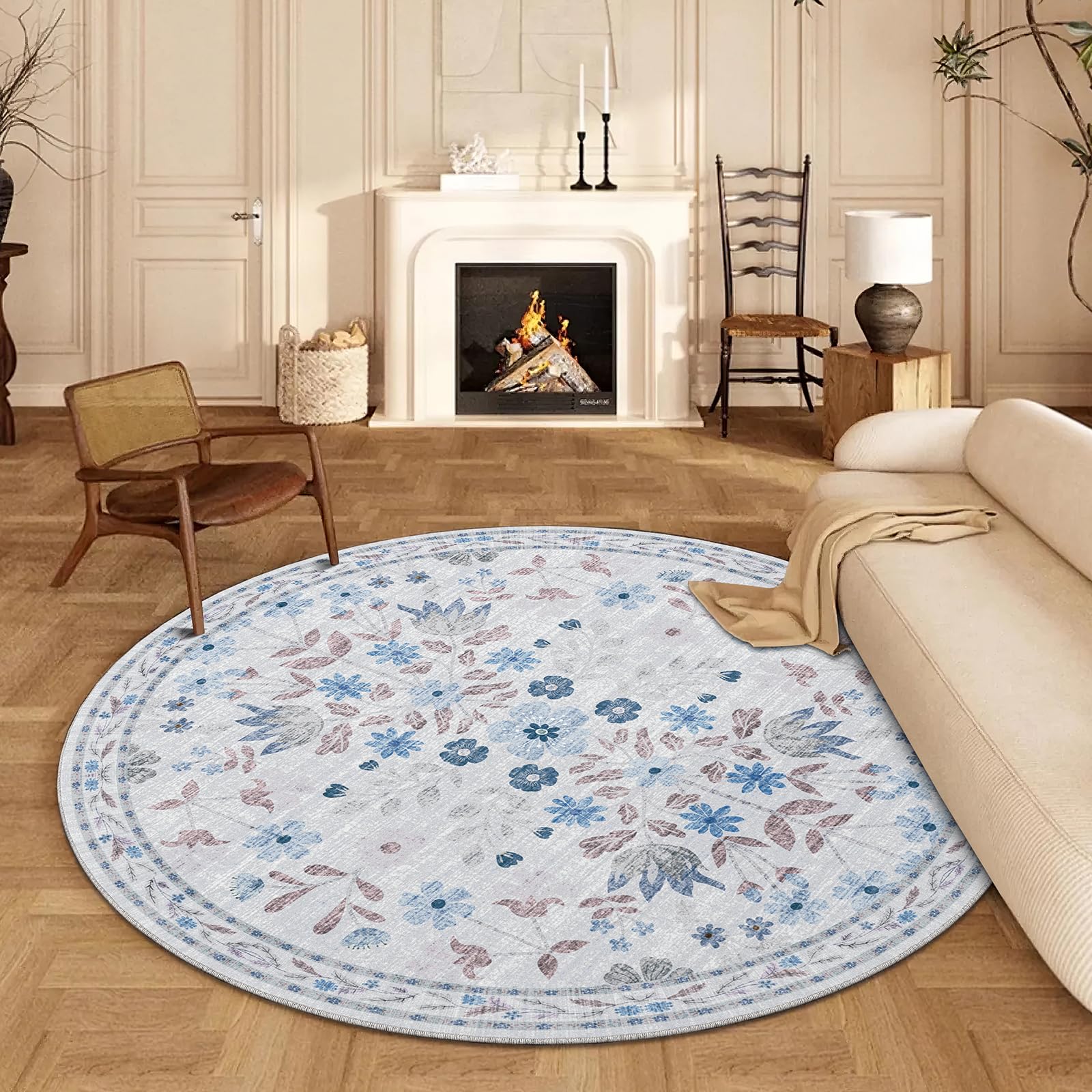 BYBSRLL Round Rug for Living Room 120cm, Vintage Rug Washable & Non-Slip Low Pile Circle Carpet, Soft Floral Circle Rugs for Bedroom, Boho Garden Rug Kitchen, Nursery, Entryway, Dinning Room, White