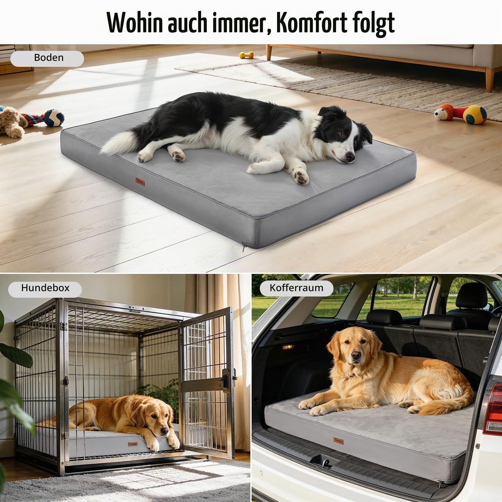 Orthopädisches Hundebett 112x81cm, Große Hundematte mit Abnehmbarem Waschbarem Plüschbezug, Wasserdichtes Hundekissen aus Eierkisten-Schaum, rutschfeste Unterseite für Große Hunde, Grau