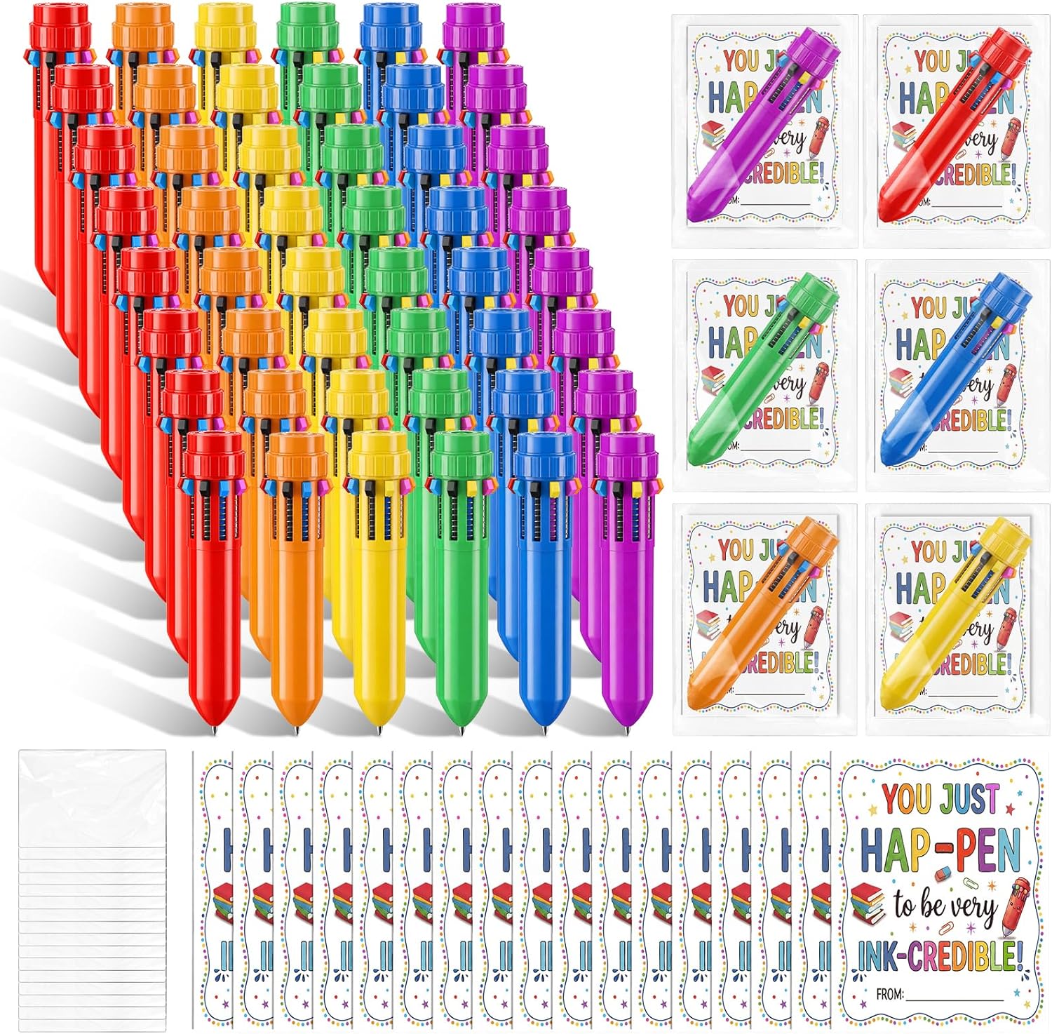 Epakh 48 Set End of Year Student Gifts Bulk 10 in 1 Multicolor Retractable Ballpoint Pens with Gift Cards for Students Classroom School Graduation Party Favors Teacher Appreciation Supplies