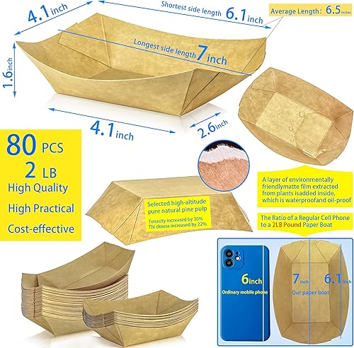 Miniatura 37 de MotBach Paquete de 150 bandejas de papel de 3 libras, contenedores desechables de papel para barcos, barcos de papel kraft grandes, bandeja
