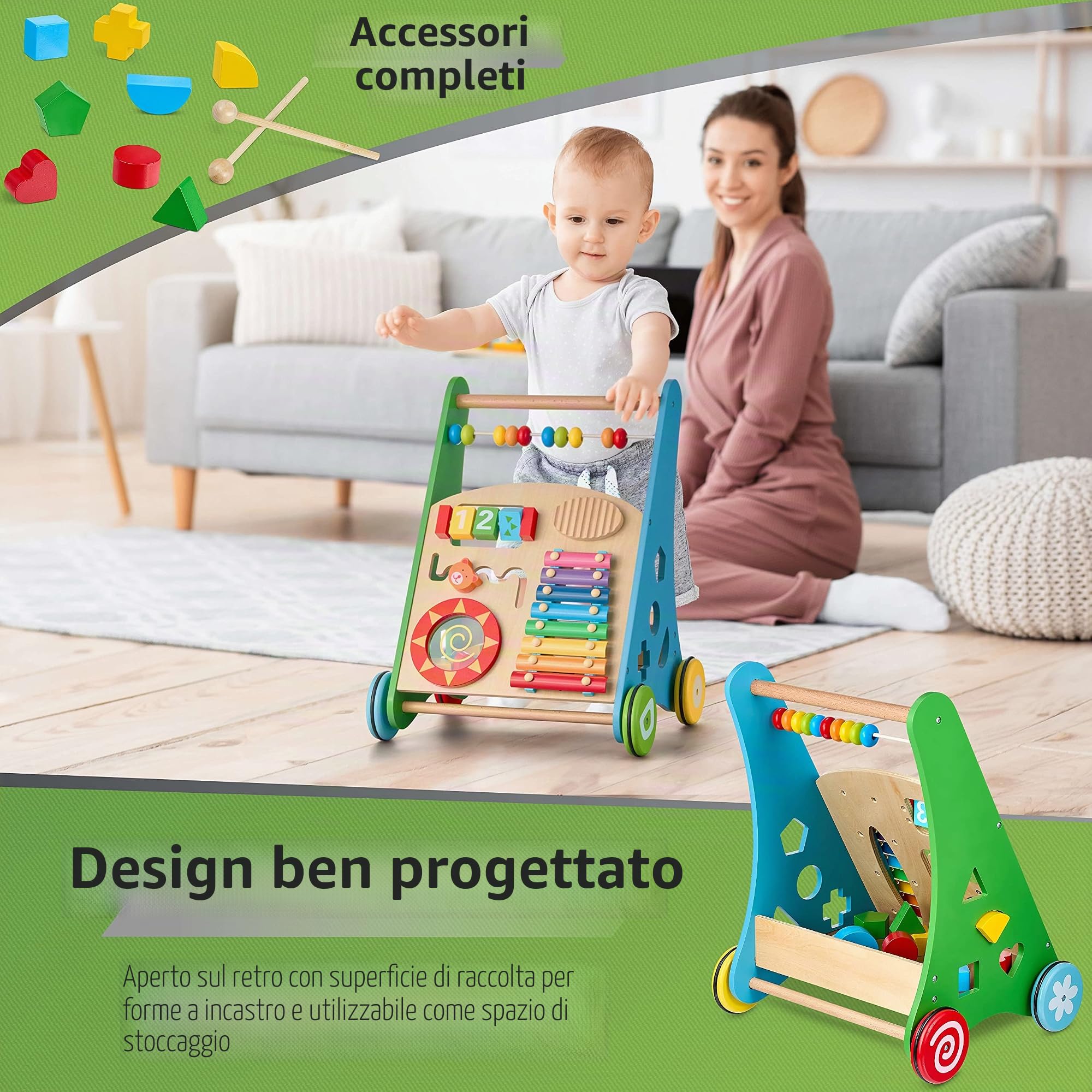Balinco LEARNING WAGON WOOD, 3 in 1, giocattolo per l'apprendimento + giocattolo musicale + girello da 6 mesi