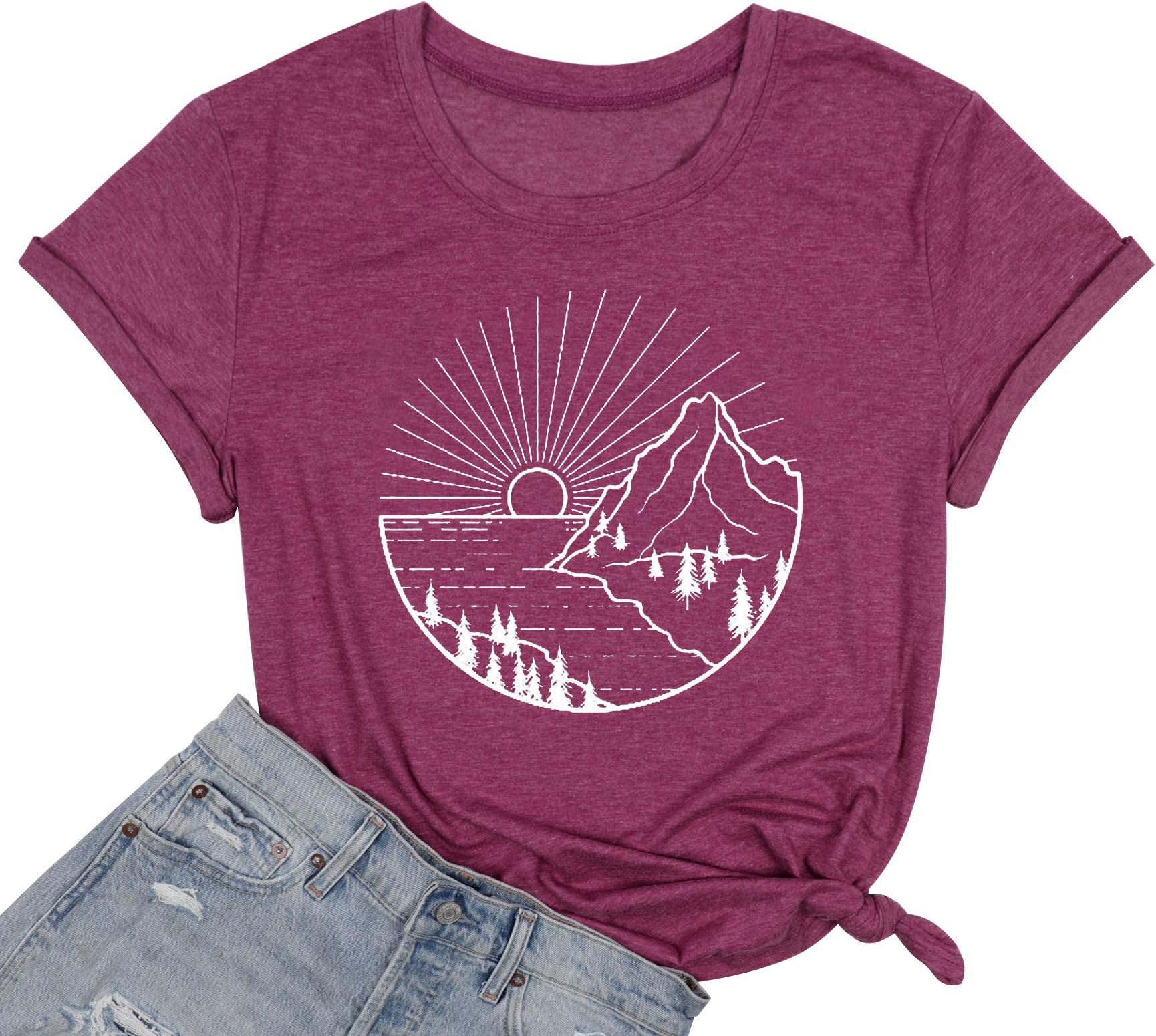 wxqxzlyWomen Hiking Mountain Shirt Nature Sunrise Graphic Printed Hiking T Shirt Summer Short Sleeve Workout Tee top