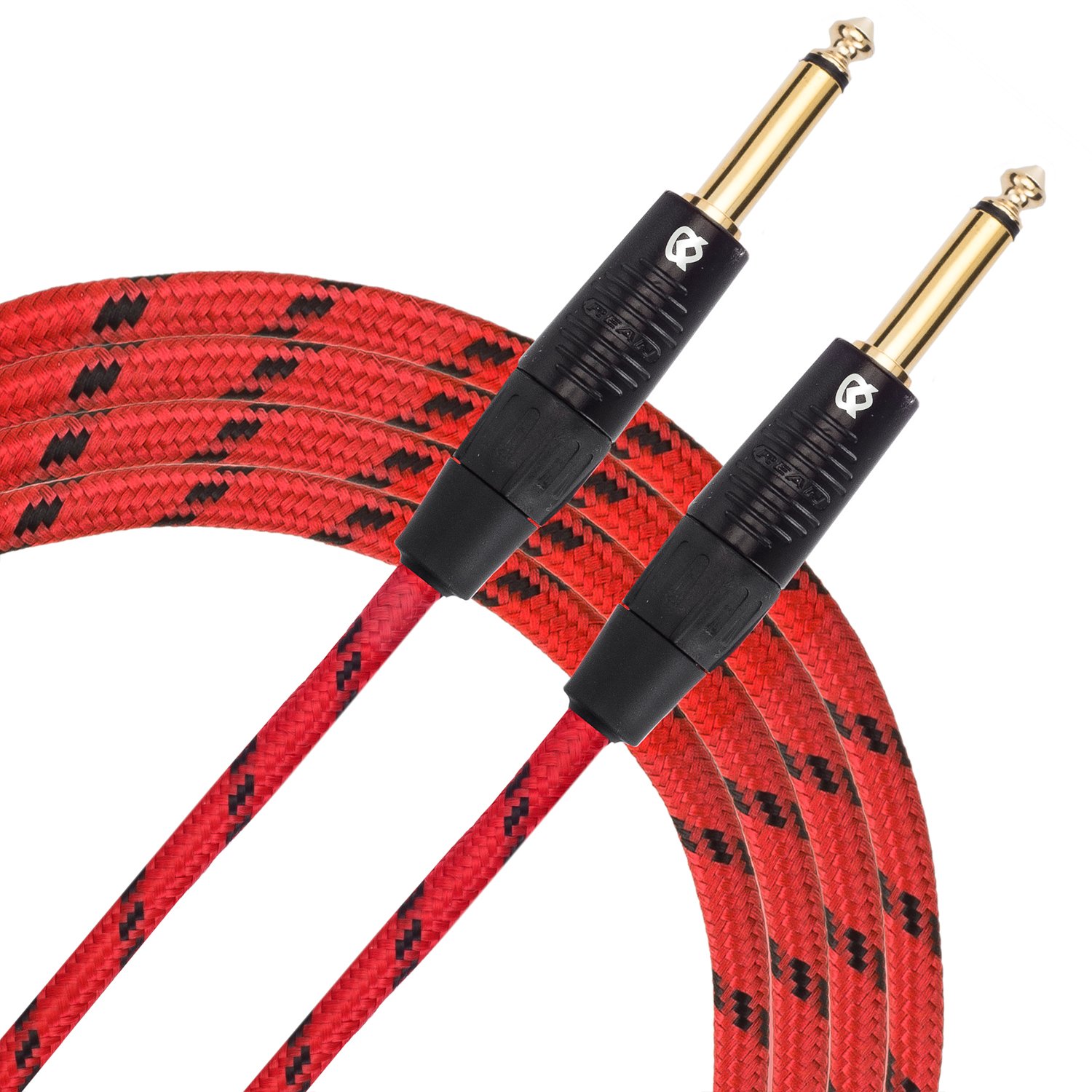 KLIQ Guitar Instrument Cable, 20 Ft - Custom Series with Premium Rean-Neutrik 1/4" Straight Gold Plugs, Red/Black Tweed