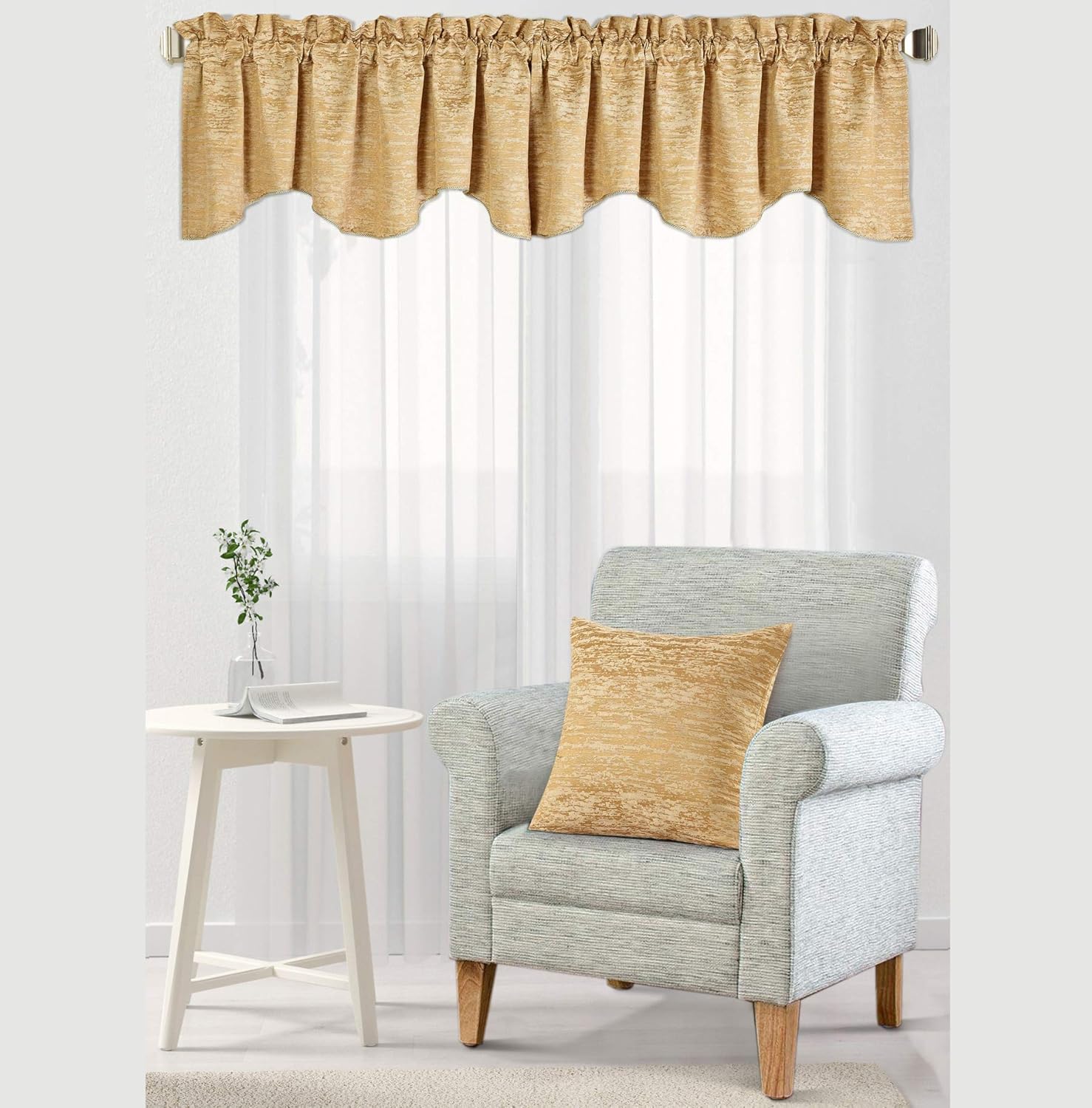 Home Soft Things Benin Jacquard Pillow Shell and Valance Set,Scalloped Thermal Insulated Window Curtain Valance Drapes for Bedroom Living Room Decor with Rod Pocket, Honey Gold, 20" x 20" / 56" x 19"