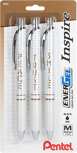 Pentel EnerGel Inspire Peace/Trust/Smile, (0.028 in), línea media, tinta negra, paquete de 3 (BL77INSPBP3M)