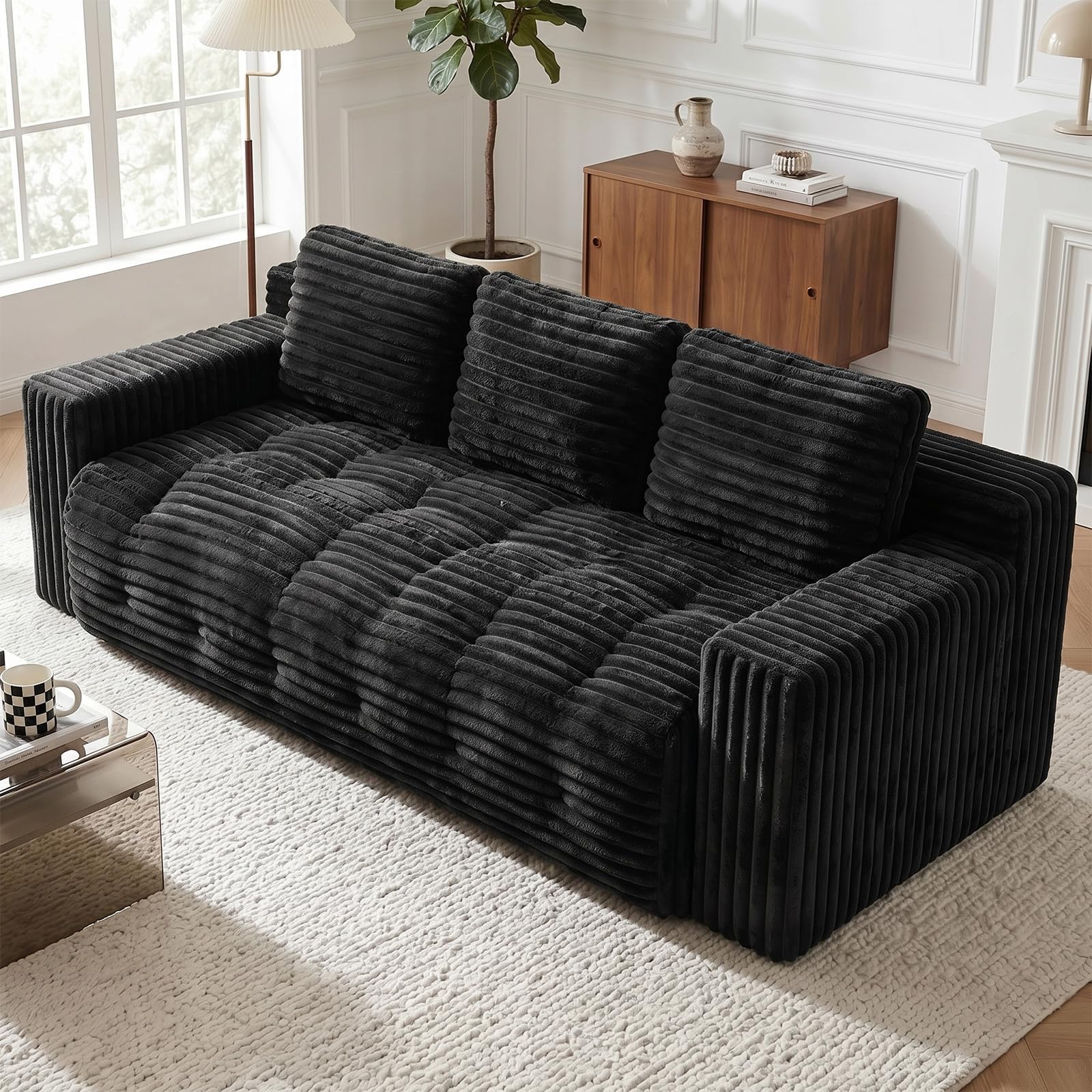 70” Boneless Couch, 3 Seater Sofa Couch with Extra Deep Seats 3 Pillows,Corduroy Modern Small Couch for Living Room, Office, Bedroom, Apartment,Black