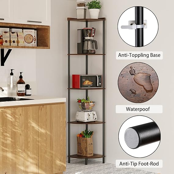 SUNMORY 5 Tier Corner Shelf Stand,Industrial 65 Corner Shelves Display Shelf for Living Room Decor,Wall Corner Bookshelf Multi Unit Organizer,Tall Shelf Plant Stand for Bedroom,Bathroom,Small Space