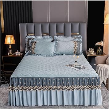 Ruffle Bed Skirt Bedspread Ruffle Lace Princess Bedding Velvet Wrap Around Bed Skirt 3pcs Series 1 Bedspread 2 Pillowcase Color Green, Size 200x220cm