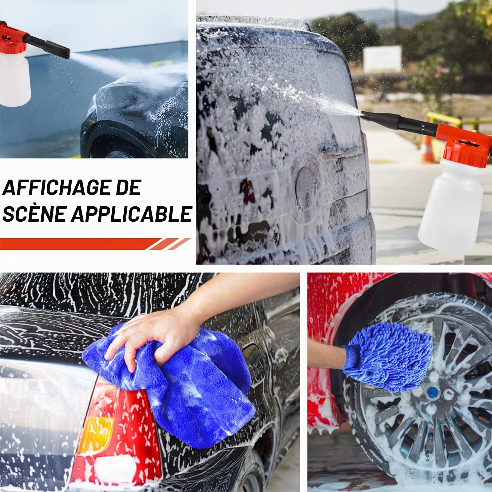 Pistolet à Mousse de Voiture 900ml, Lance à Mousse Réglable 2 En 1, Pistolet à Mousse de Nettoyage de Voiture Pour Raccordement de Tuyau D'arrosage (Rouge)