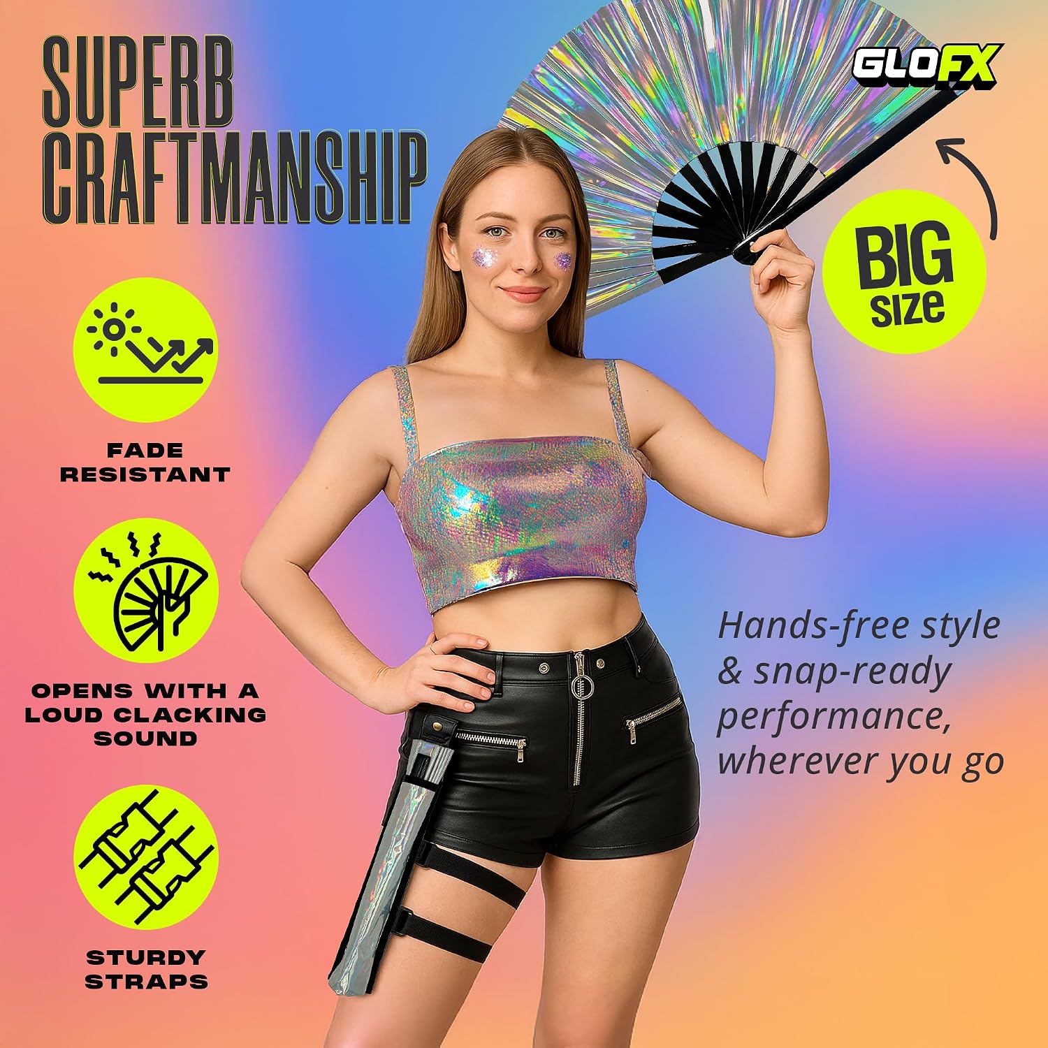 GloFX Holographic Folding Fan with Holster – Large Handheld Fan for Line Dancing, Festivals, Pride, and Costumes – Loud Bamboo Fan with Matching Belt Holster