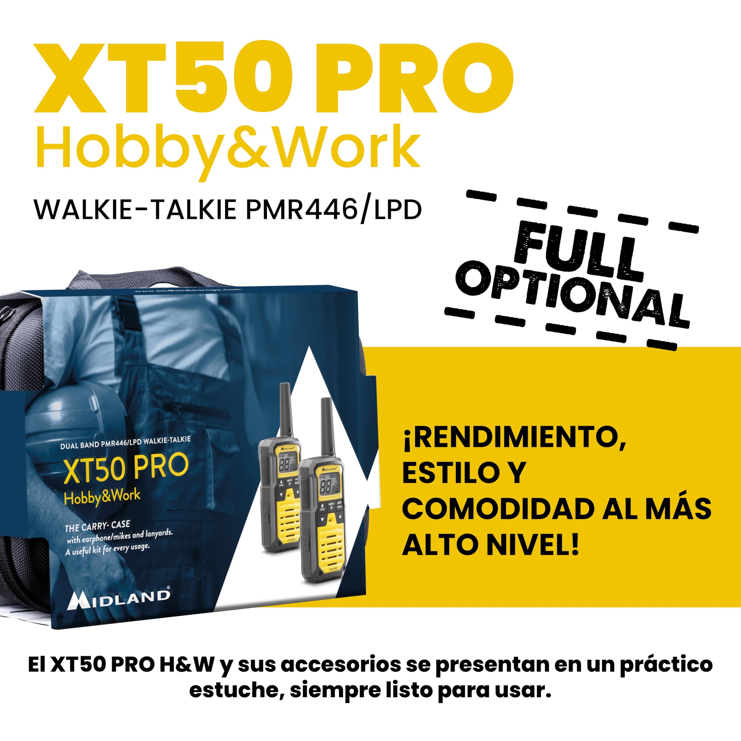Midland - Walkie Talkie XT50 PRO Doble Hobby & Trabajo, 2 Radioaficionados Profesionales 85 Canales PMR446, Red Radio Montana - 8Km, 12H, Waterproof IPX2, Carga USB, Estuche de Transporte y Accesorios