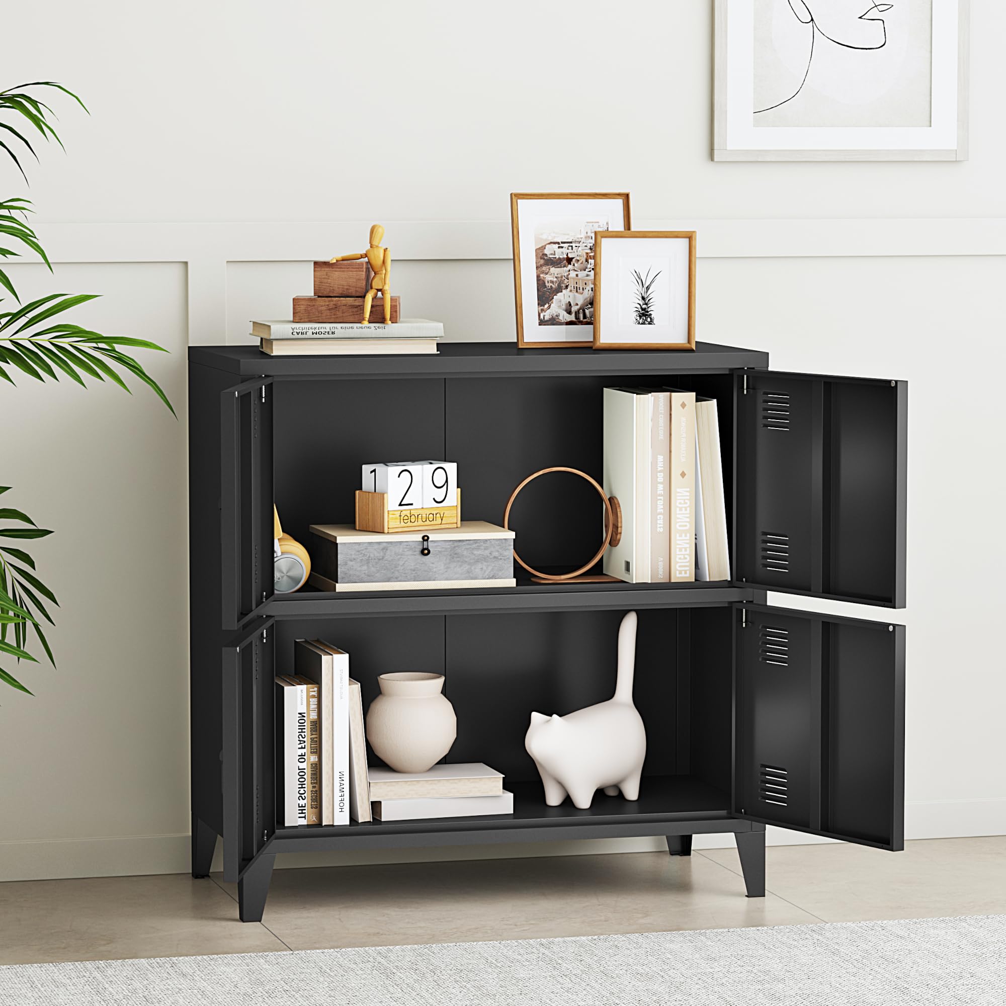 [en.casa] Armario Archivador Hamina Aparador Mueble de Oficina Estudio Garaje con 2 Compartimentos y 4 Puertas con Ranuras de Ventilación Acero 82 x 80 x 40 cm - Negro