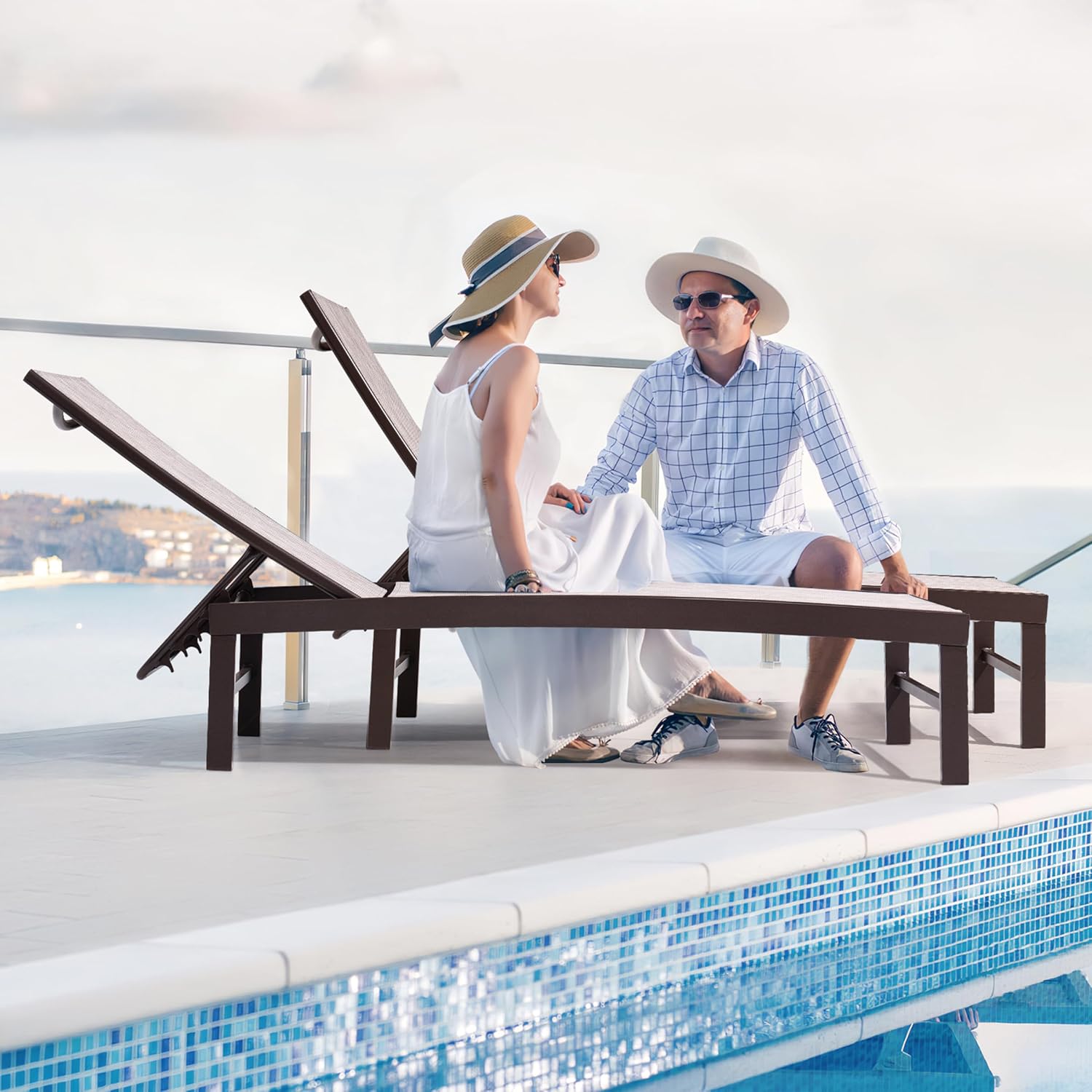 Patio Aluminum Chaise Lounge Chair, Set of 2 Outdoor Recliner Lounge Chair Sun Loungers, All Weather Chaise with 5 Adjustable Backrest and Lay Flat Positions for Garden, Balcony, Pool