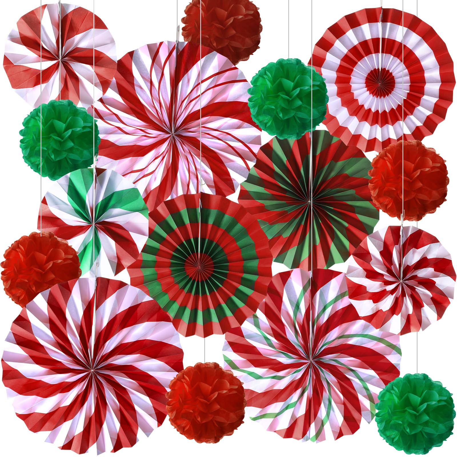 Outus 21 Pcs Christmas Candy Hanging Paper Fans Peppermint Christmas Banner Merry Christmas Classroom Ceiling Decoration Tissue Paper Honeycomb Ball Ornaments for Xmas Birthday Wall Decor
