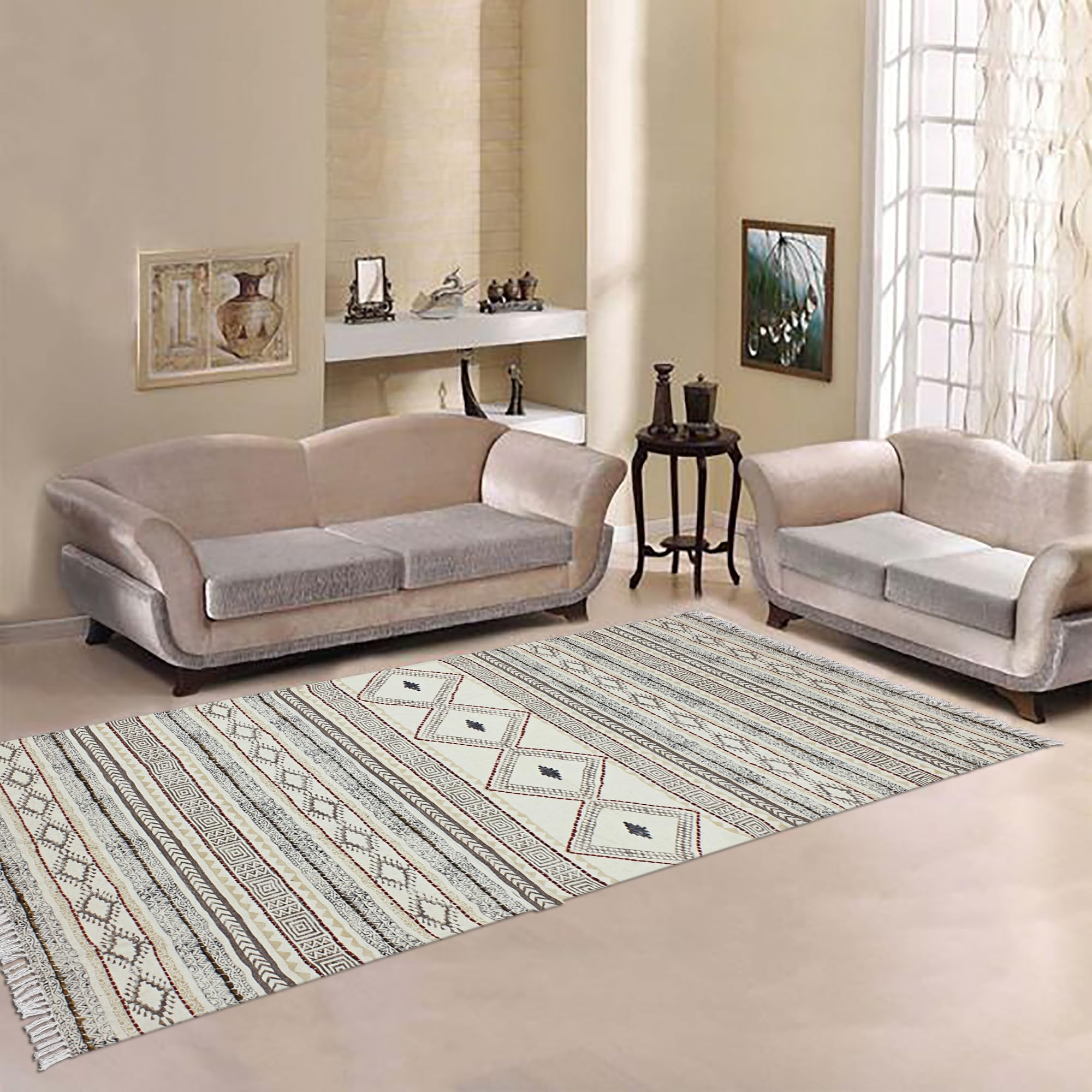 Kilim Bieżnik bawełniany 2,6 x 4, beżowy i brązowy chodnik boho, do wewnątrz, na zewnątrz, bieżnik, 0,5 cm, kamień, łatwy do prania, pranie ręczne, bawełniany dywan, płaski splot chodników do kuchni,