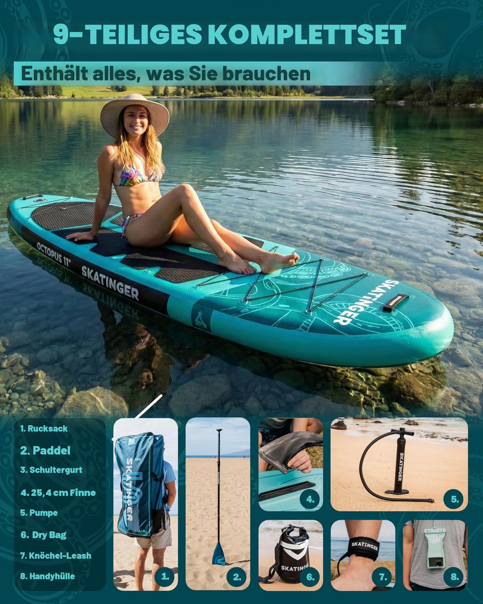 Skatinger 335 x 86,4 cm extra breites aufblasbares Paddelbrett, bis zu 190 kg Stand-Up-Paddle-Boards für Erwachsene, stabiles SUP für 2 Personen/Familie, 3-heiliges Paddel, Schultergurt, US-Finne