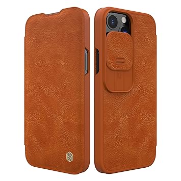 iPhone 13 Pro Max Wallet Case with Card Holder and Camera Cover, Nillkin PU Leather Case with Slide Camera Protection, Durable Shockproof Cover 6.7 Inch - Brown
