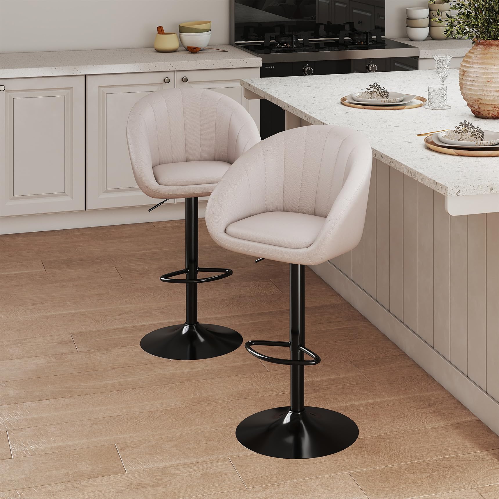 Youhauchair Taburetes Altos de Cocina Juego de 2, Taburete Cocina con Respaldo y Reposapiés, Taburete de Bar de Lino Transpirable, Altura Regulable, Giratorios, Beige Recycled Claim Standard Blended